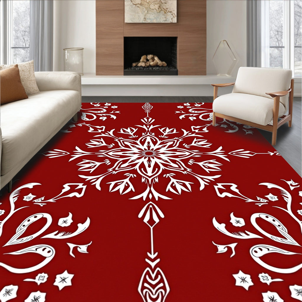 Ornate White Floral Scroll Red Area Rug