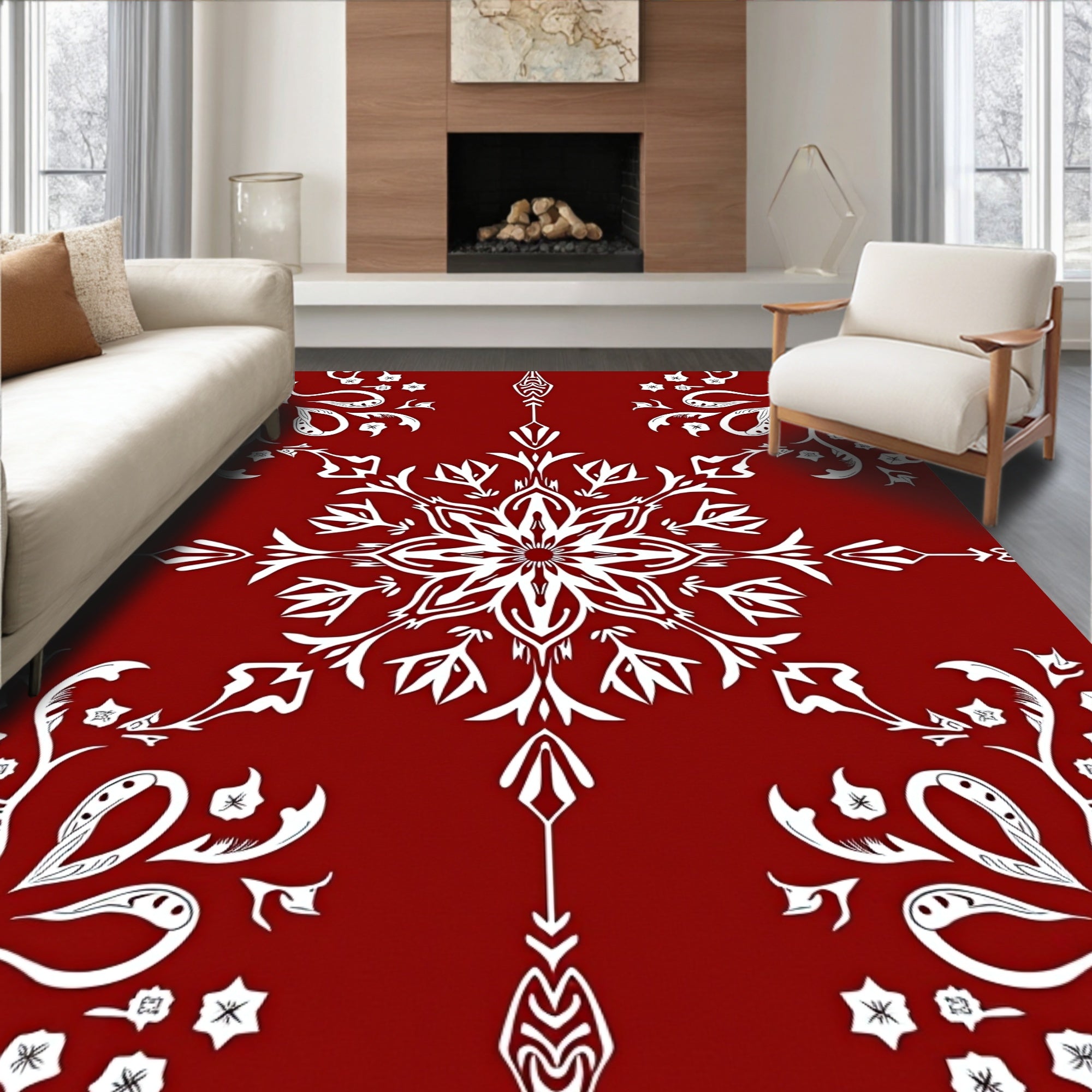 Ornate White Floral Scroll Red Area Rug