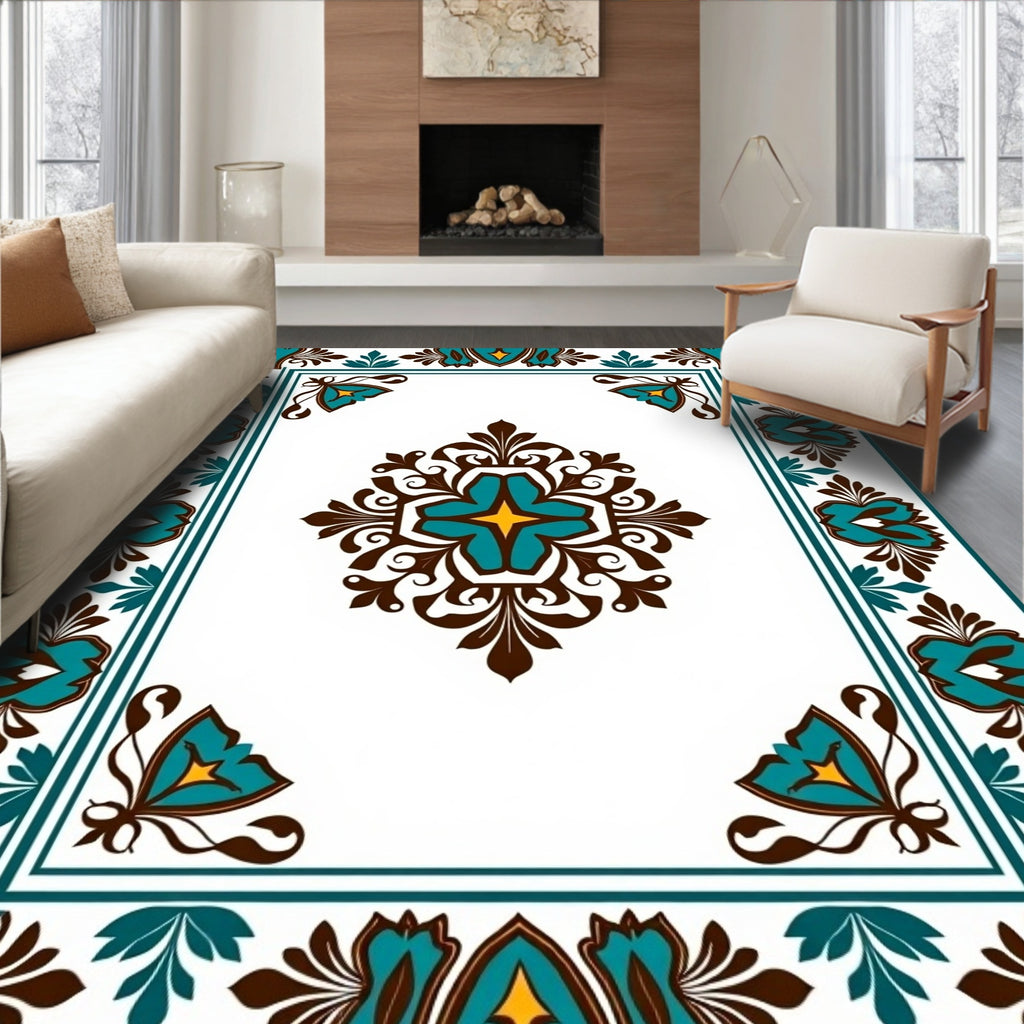 Ornate Floral Teal Brown Pattern Rug
