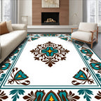 Ornate Floral Teal Brown Pattern Rug