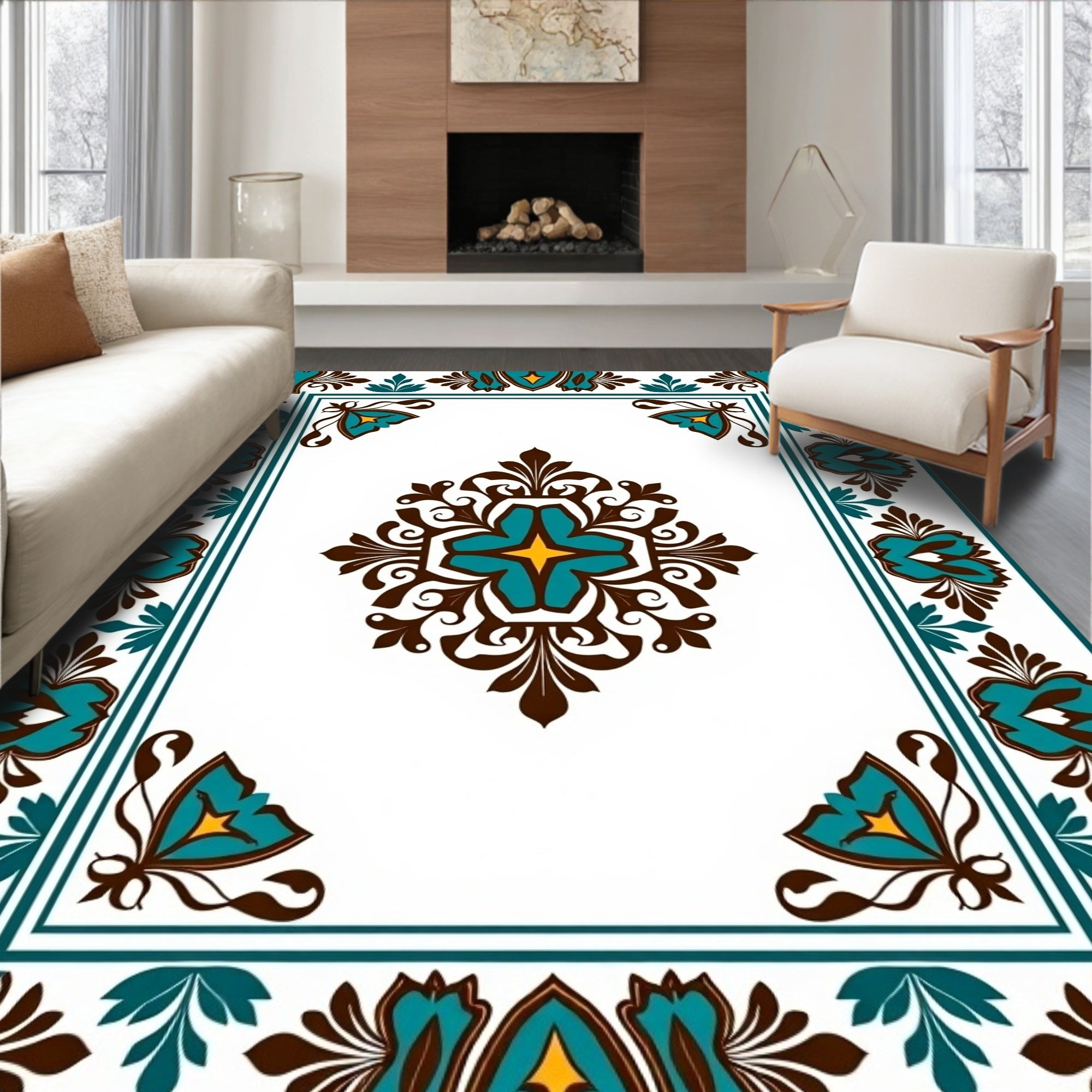 Ornate Floral Teal Brown Pattern Rug
