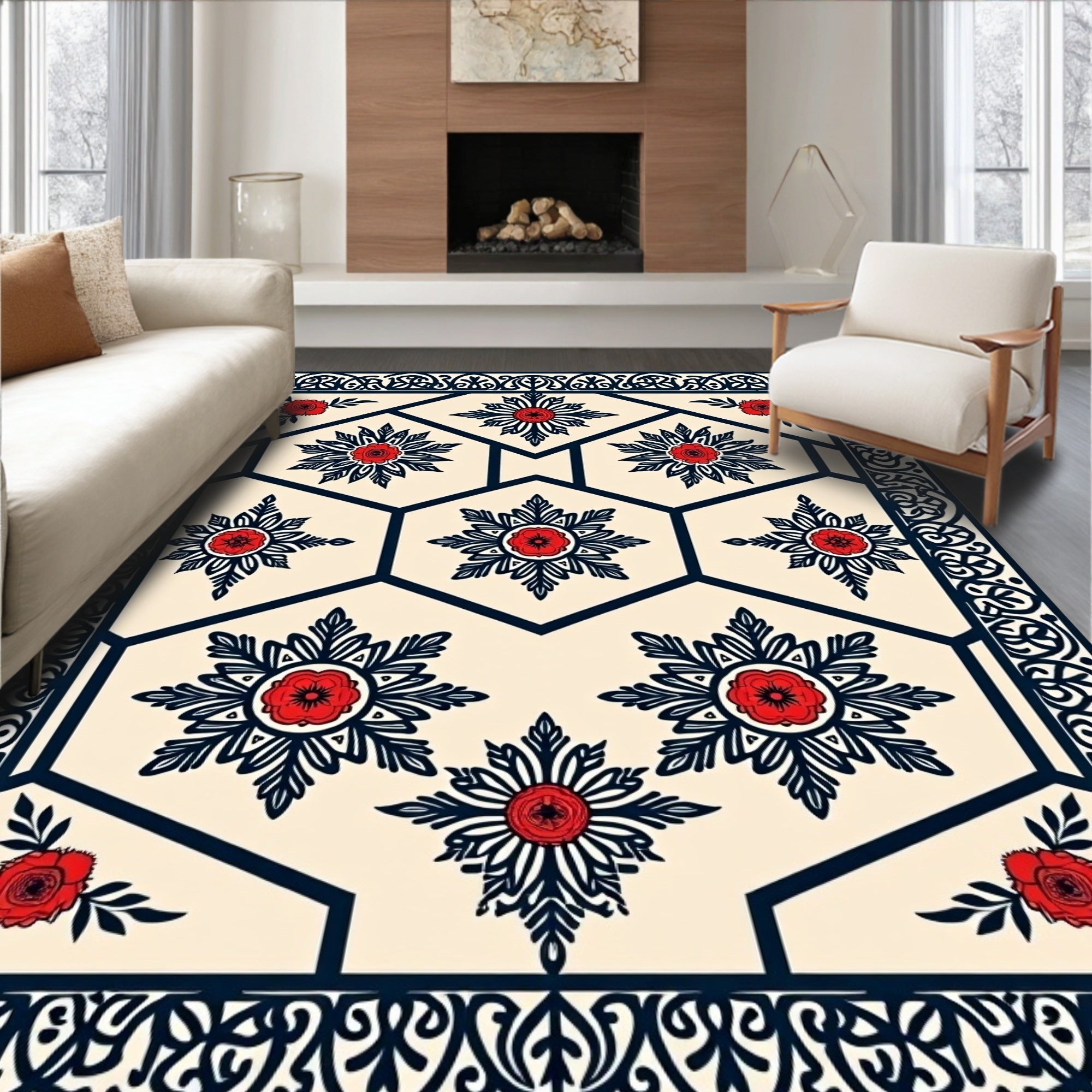 Intricate Red Floral Geometric Border Rug
