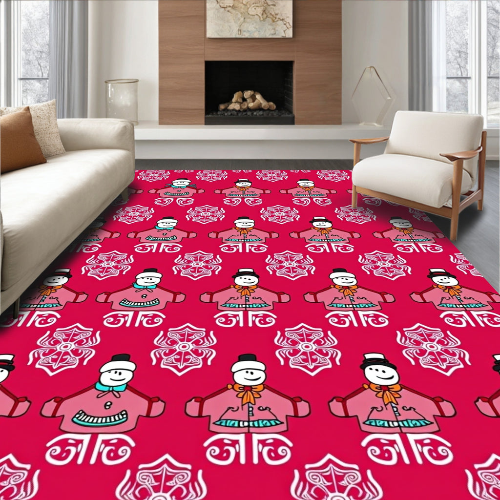 Fun Snowman Patterned Red Rug