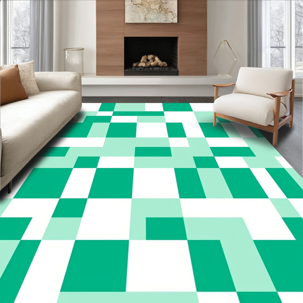 Teal And White Geometric Blocks Rug
