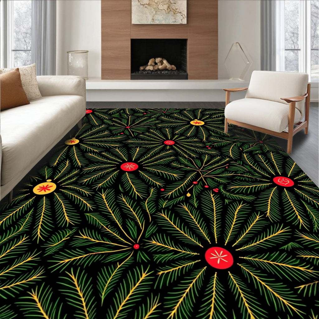 Green Pine Sprigs with Red Yellow Ornaments Rug