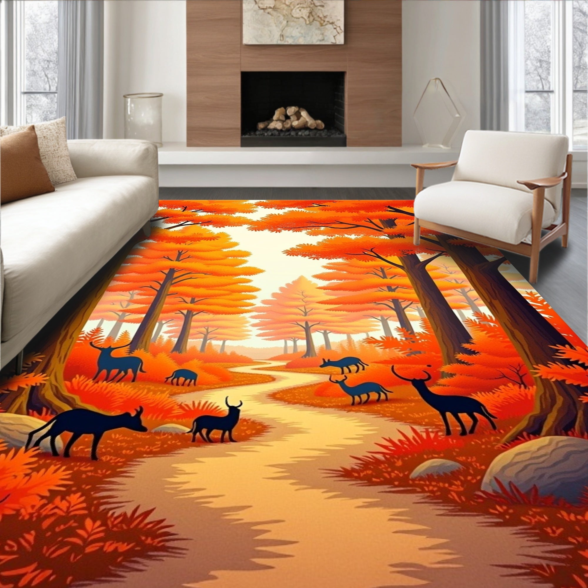 Autumn Forest Path Wildlife Scene Rug