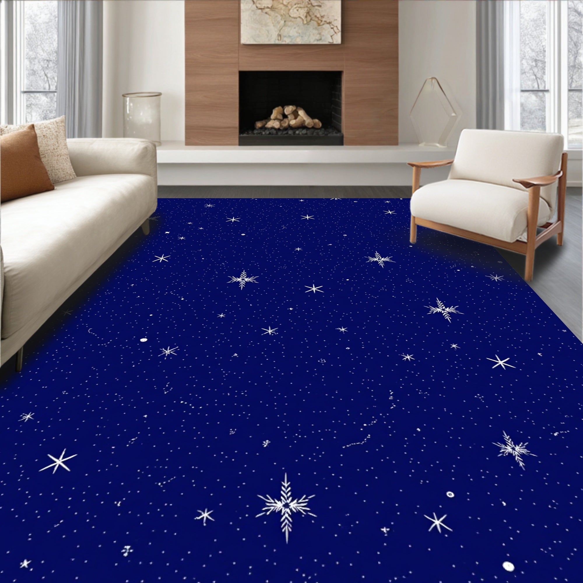 Midnight Blue Starry Snowflake Garden Rug