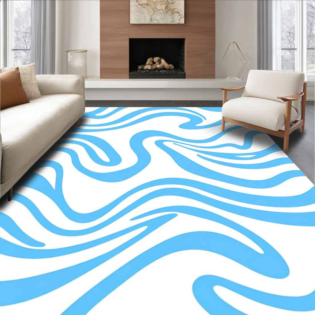 Abstract Blue White Flowing Design Rug