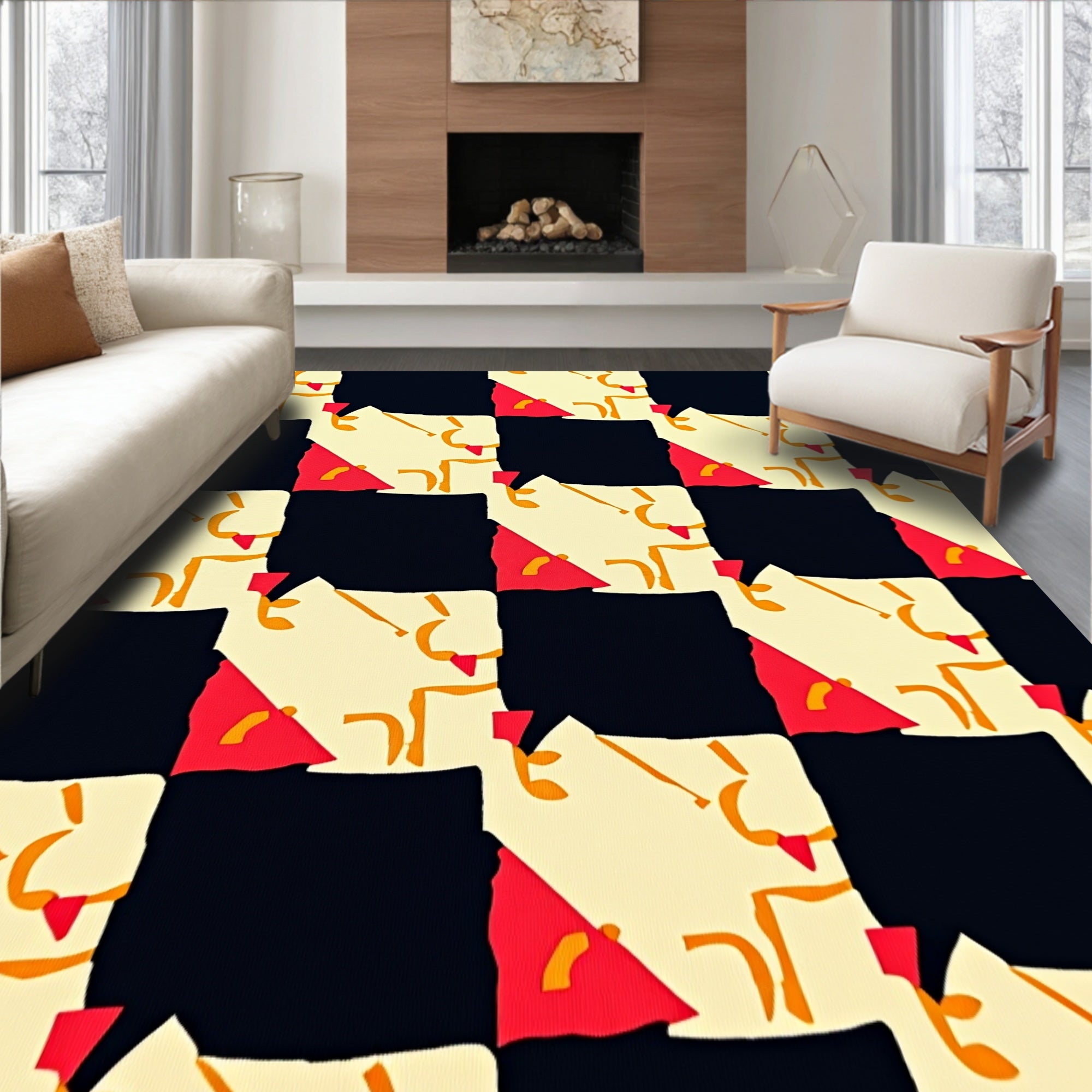 Abstract Red Cream Checkerboard Pattern Rug