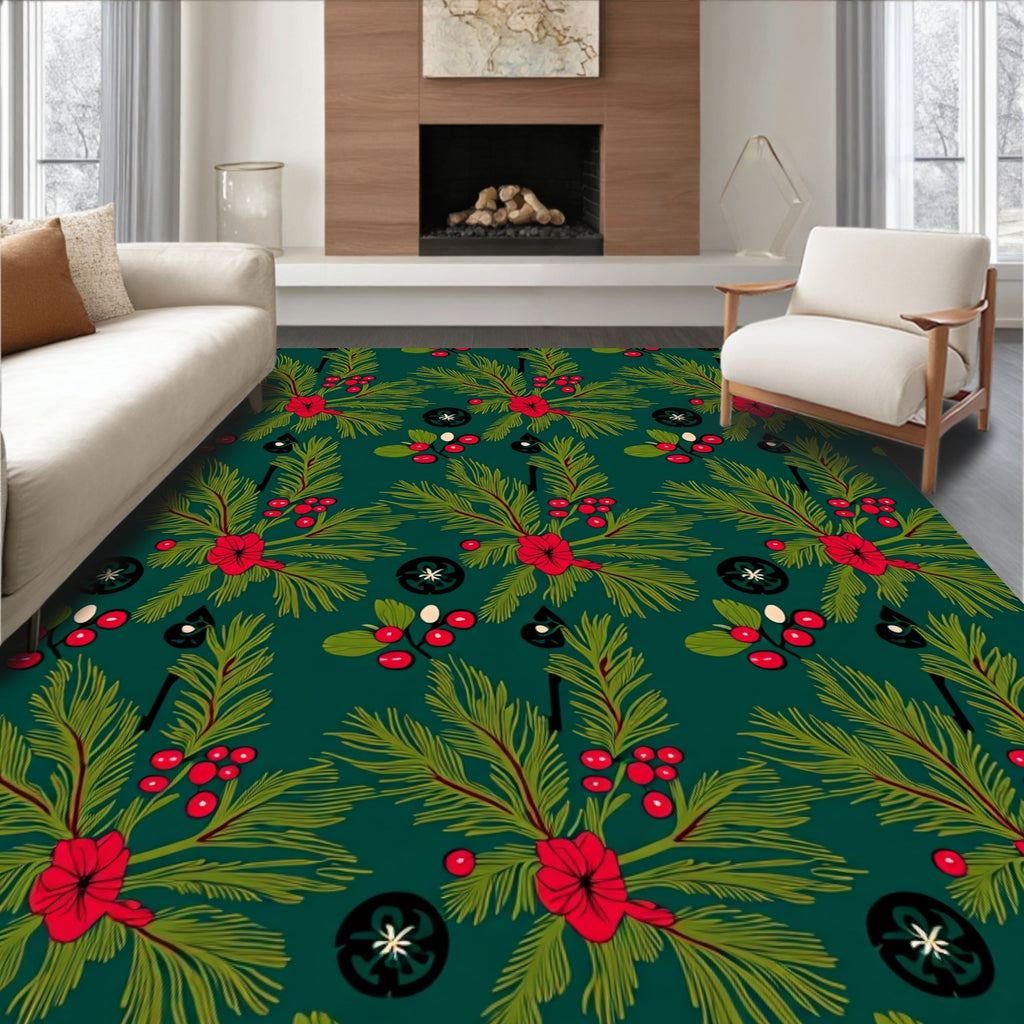 Festive Evergreen Berry Pattern Rug