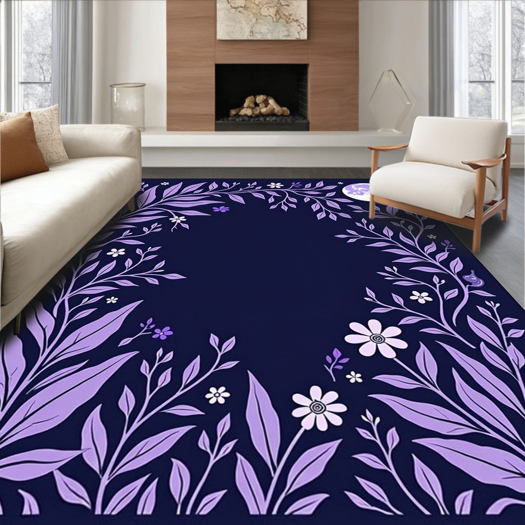 Purple Floral Moon Night Garden Design Rug