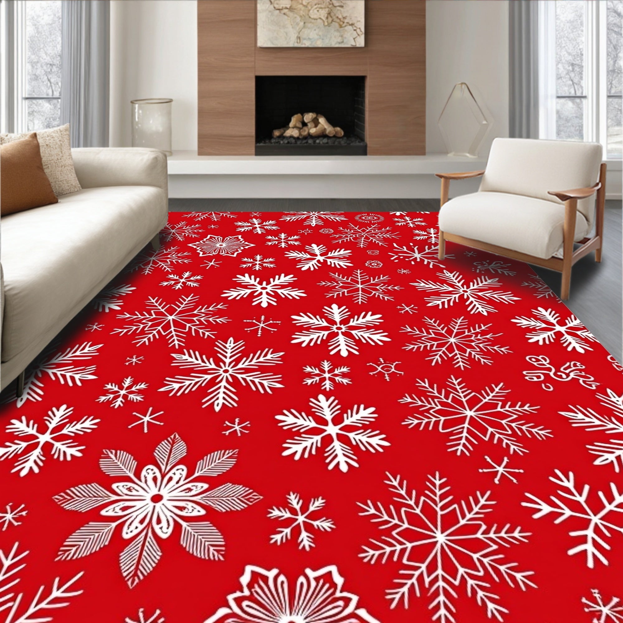 Winter Snowflake Patterned Red Design Rug
