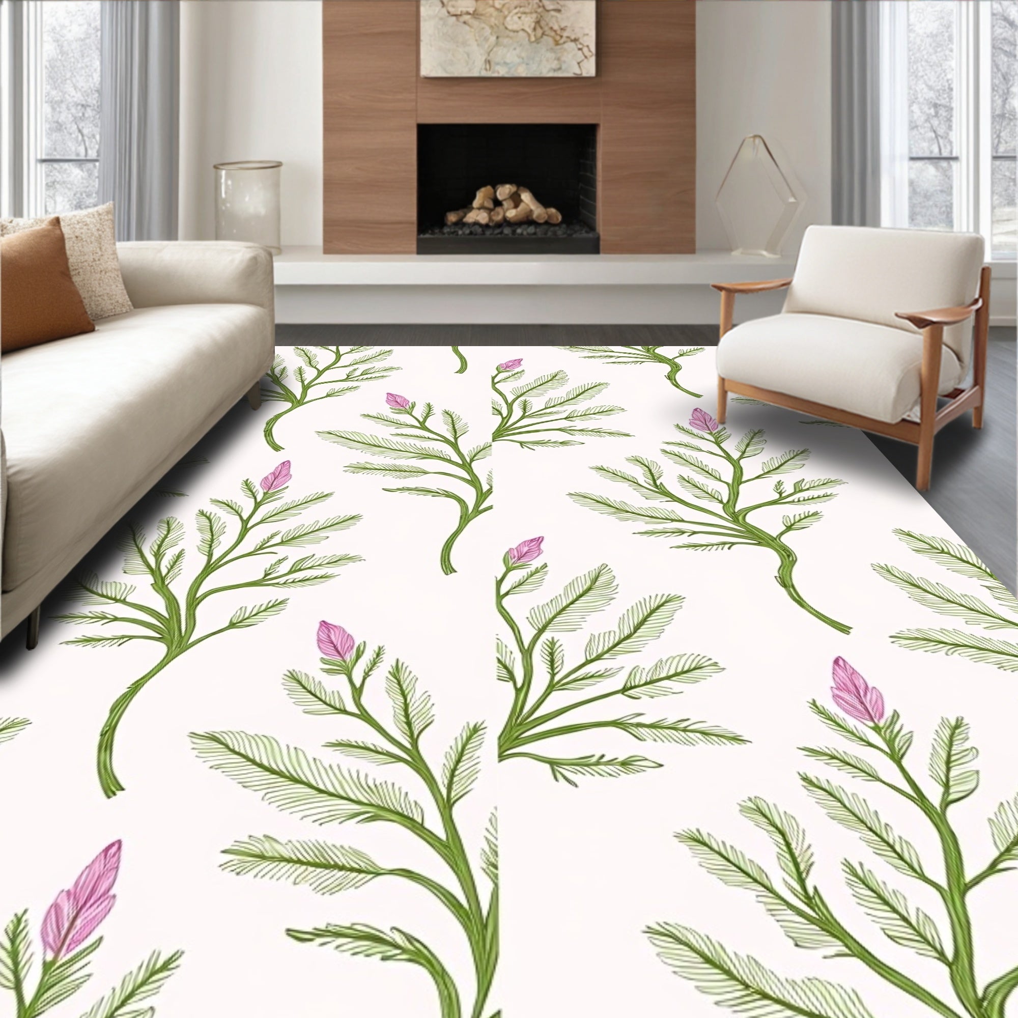 Green Botanical Pink Bud All-Over Design Rug
