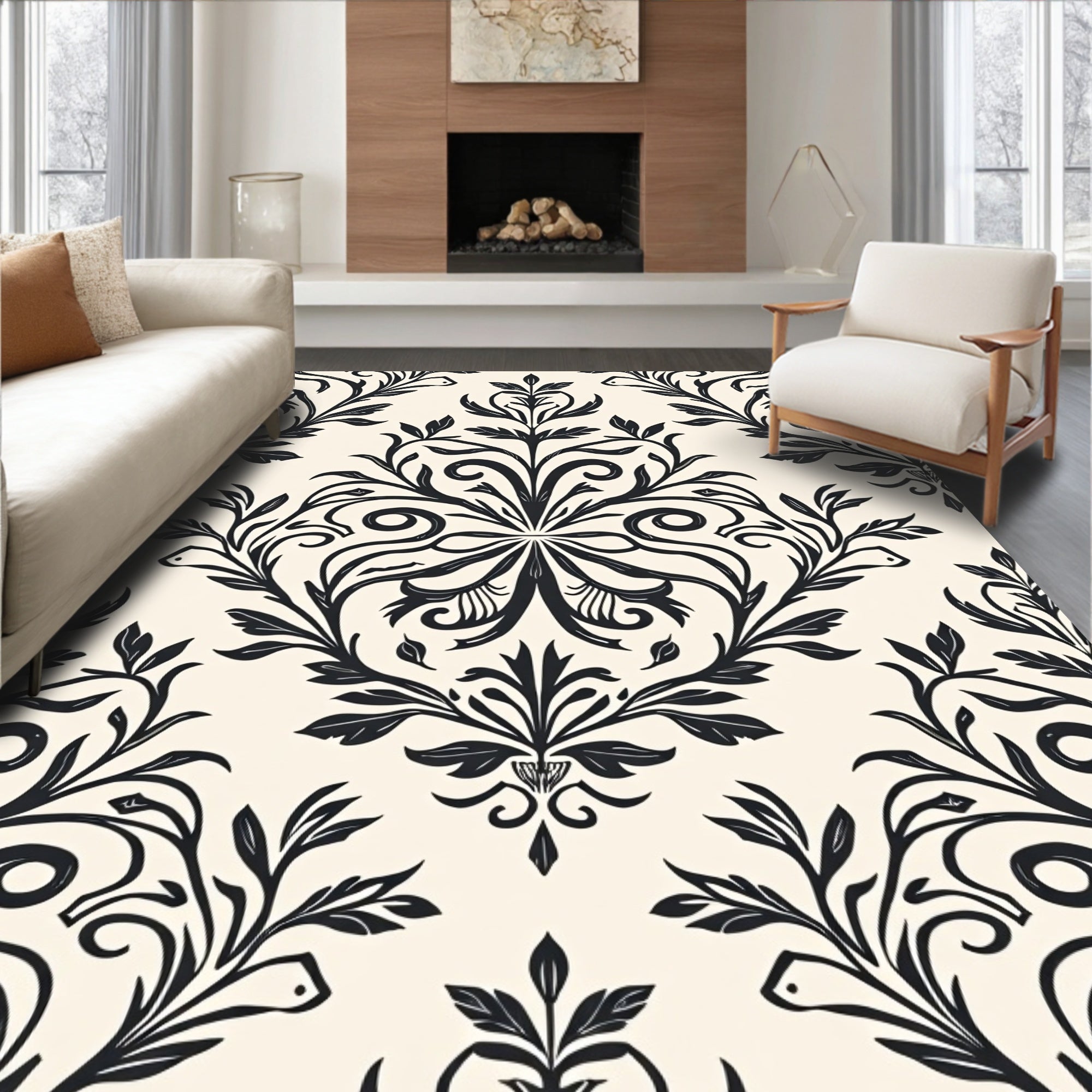 Classic Black Floral Damask Pattern Rug