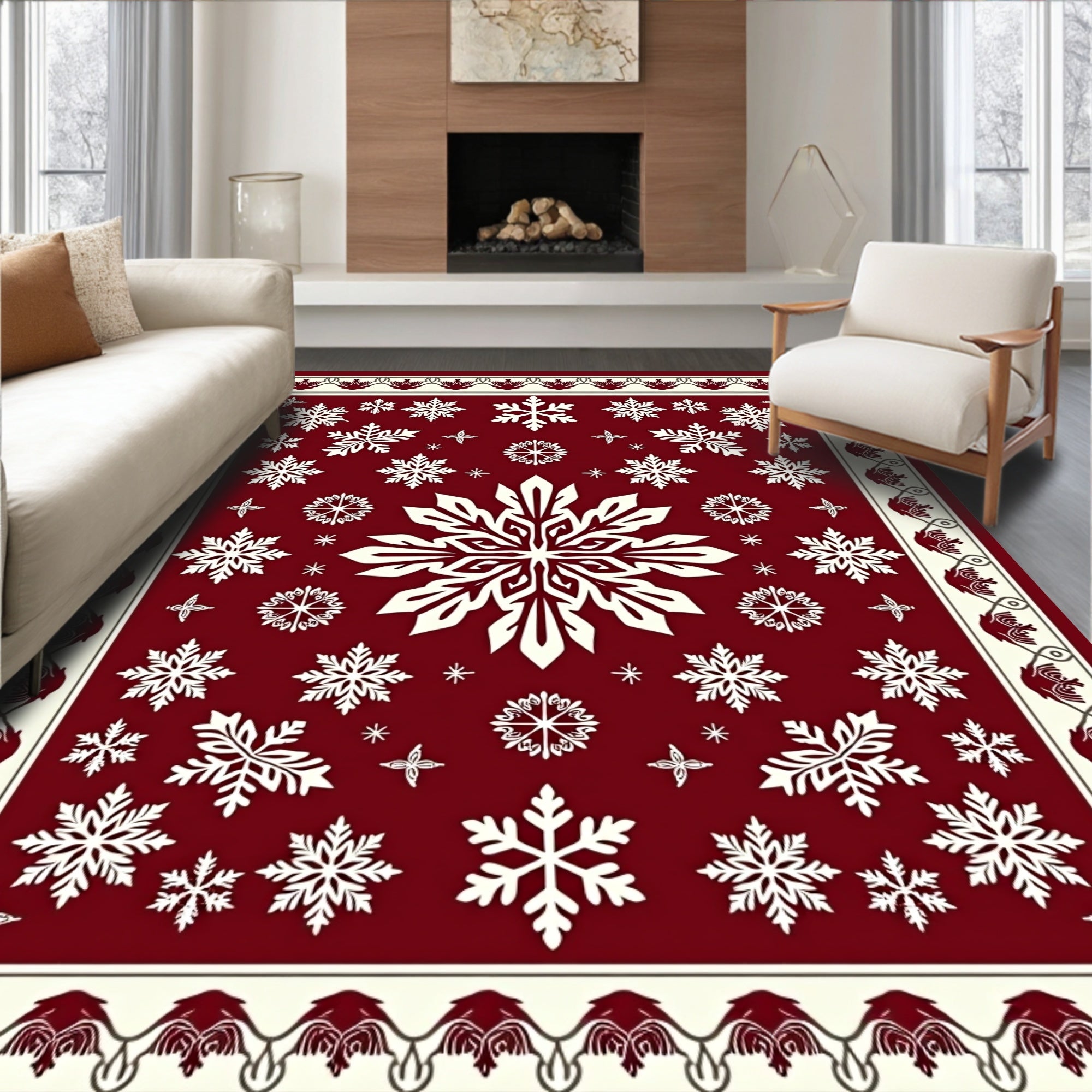 Festive Snowflake Pattern Red Area Rug