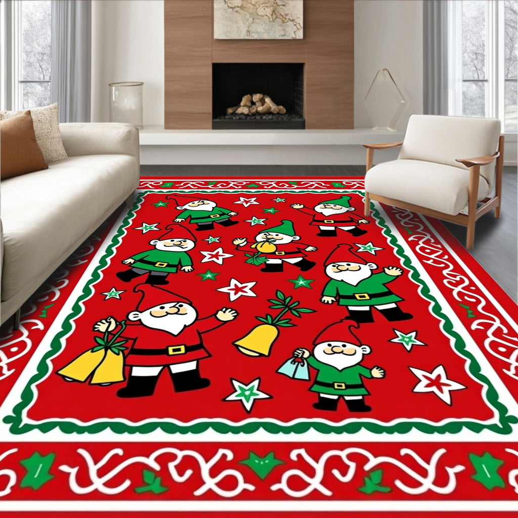 Festive Garden Gnomes Red Christmas Rug