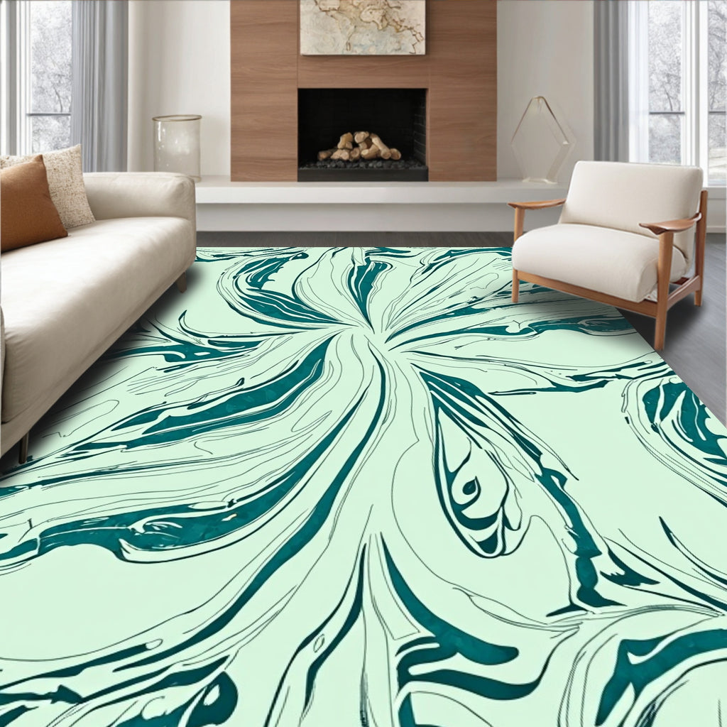 Abstract Teal Swirls on Light Green Rug