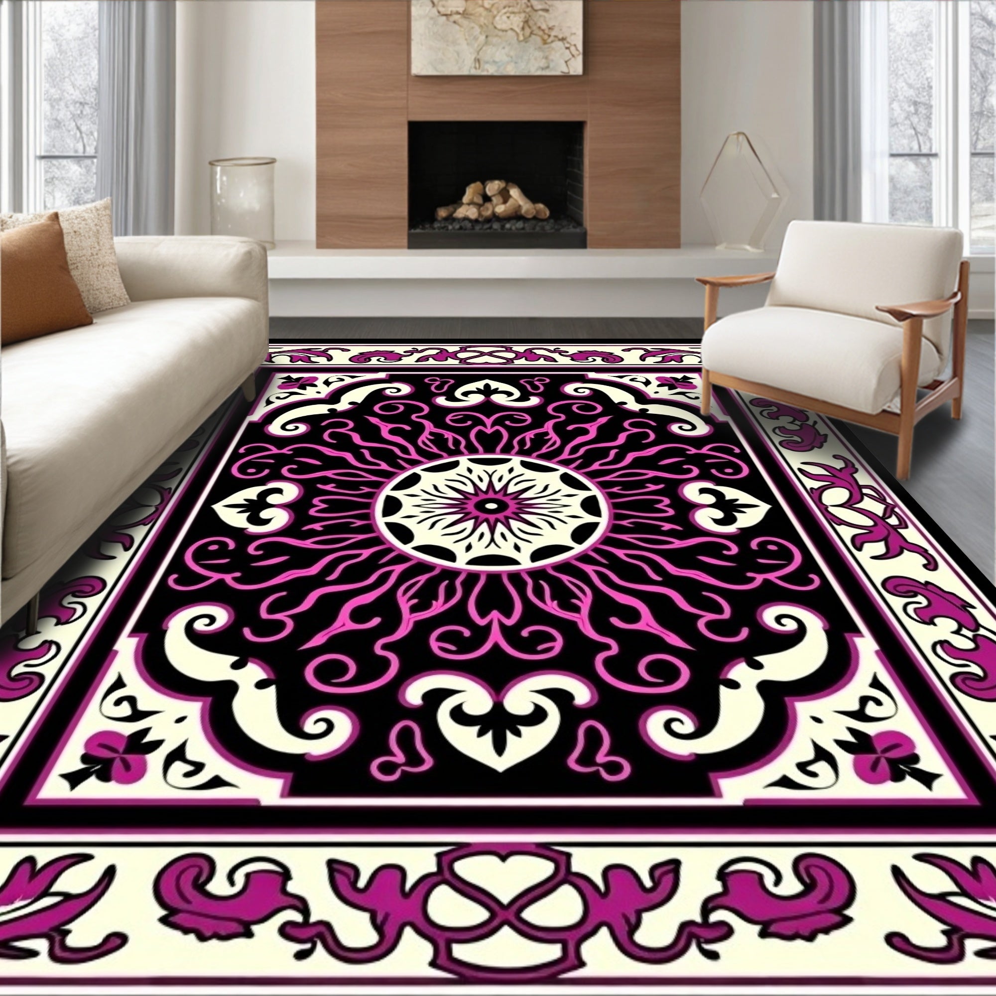 Ornate Pink and Cream Floral Mandala Rug