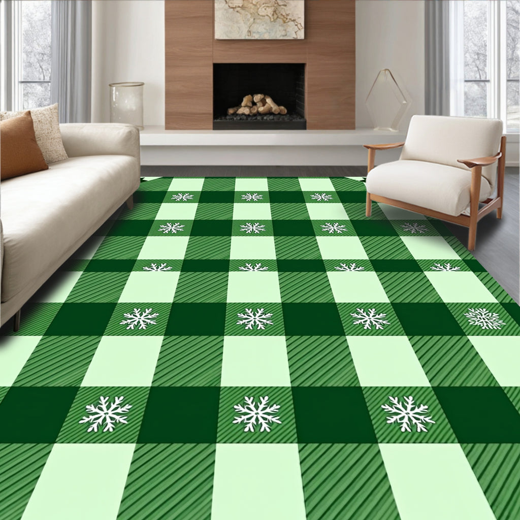 Green Gingham Snowflake Pattern Rug