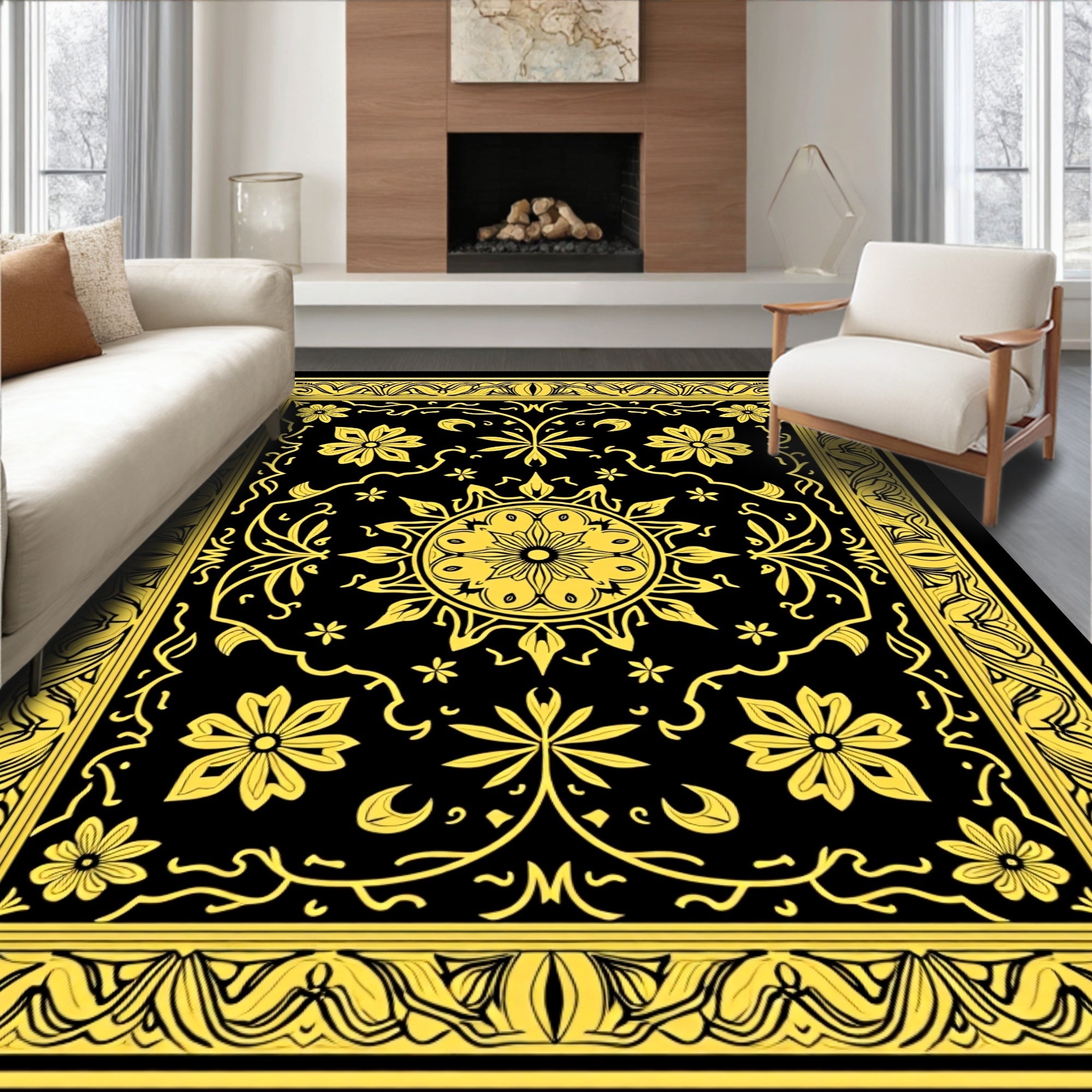 Elegant Black Gold Floral Pattern Rug