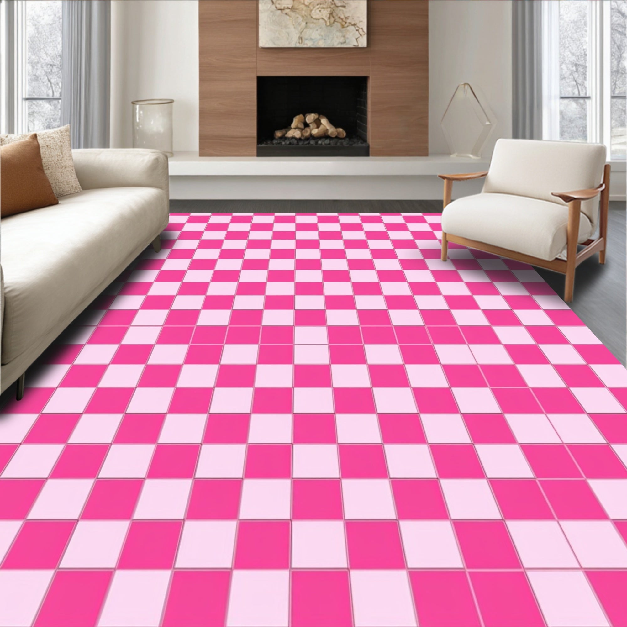 Pink Checkered Grid Pattern Rug