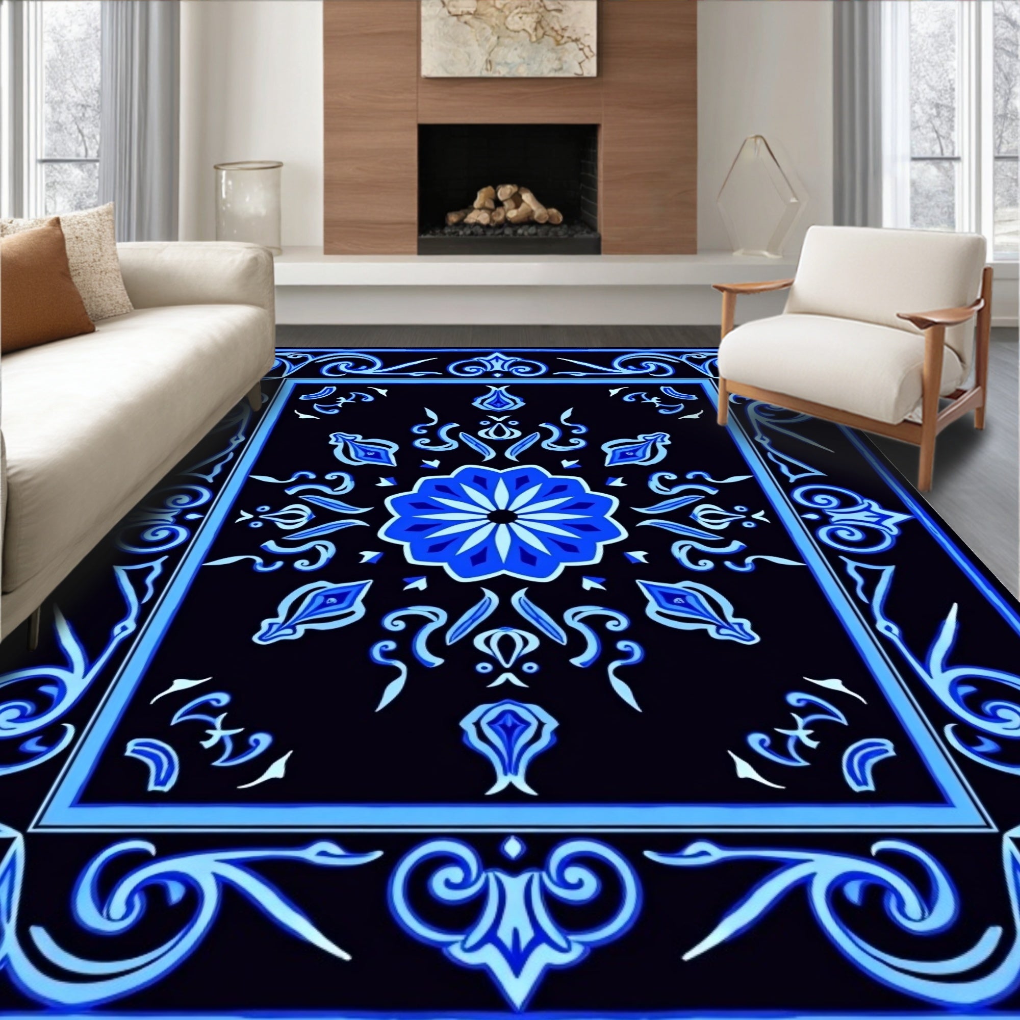 Vibrant Blue Paisley Floral Patterned Rug