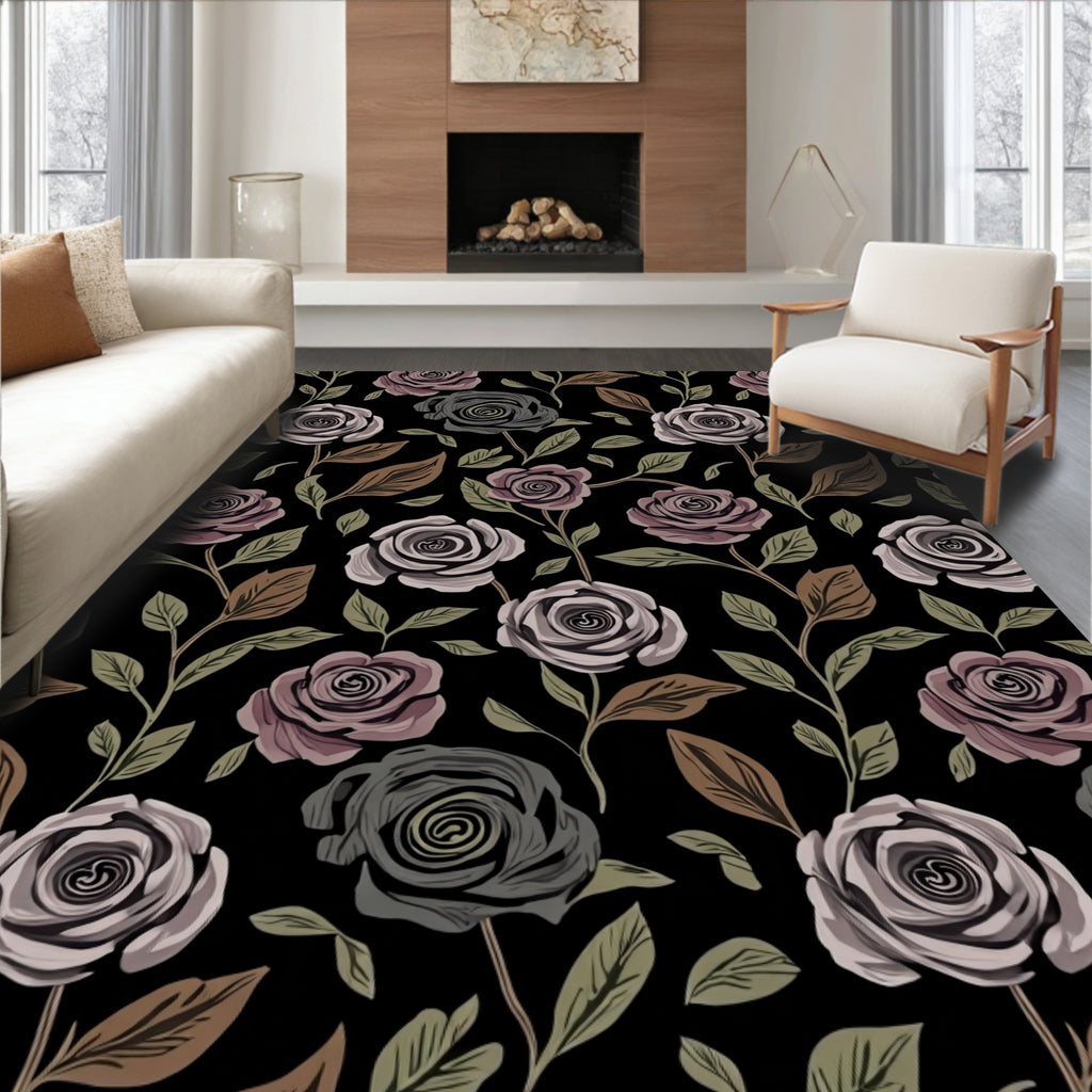 Dark Floral Rose Pattern Rug