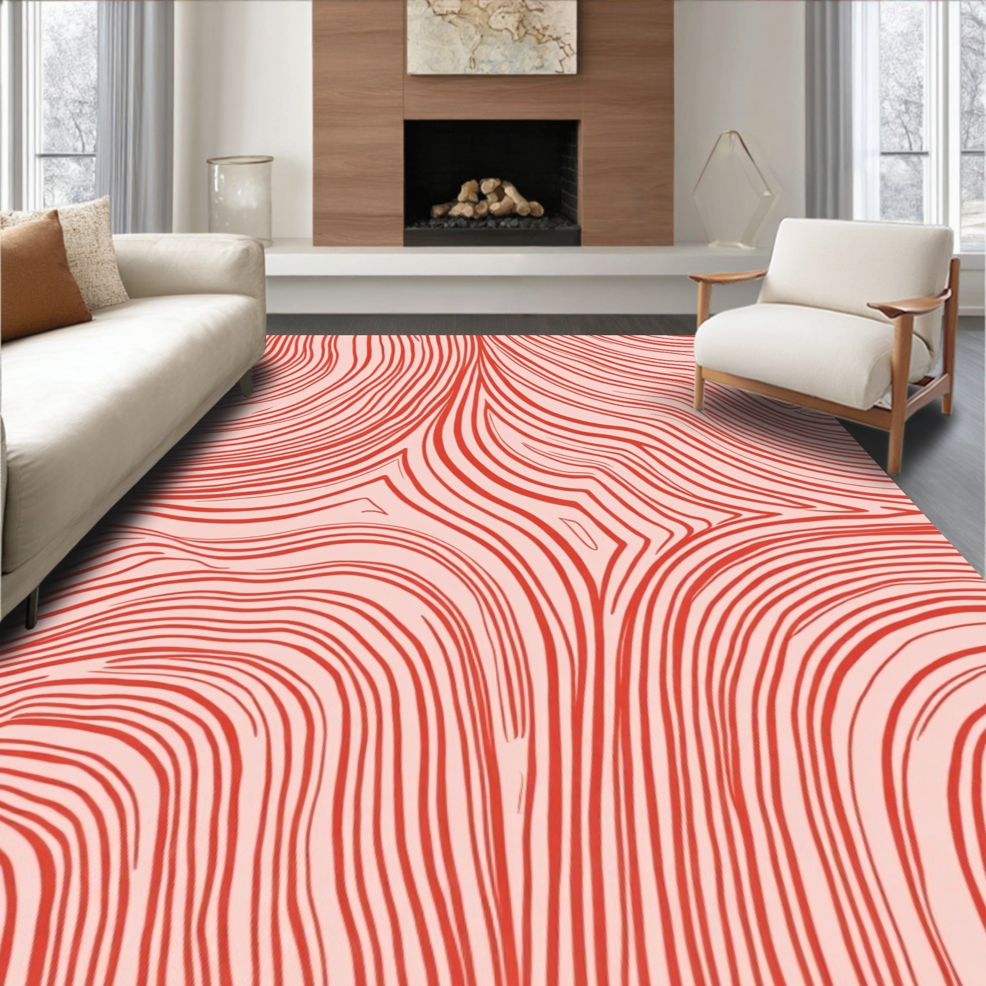 Wavy Red Striped Organic Pattern Rug