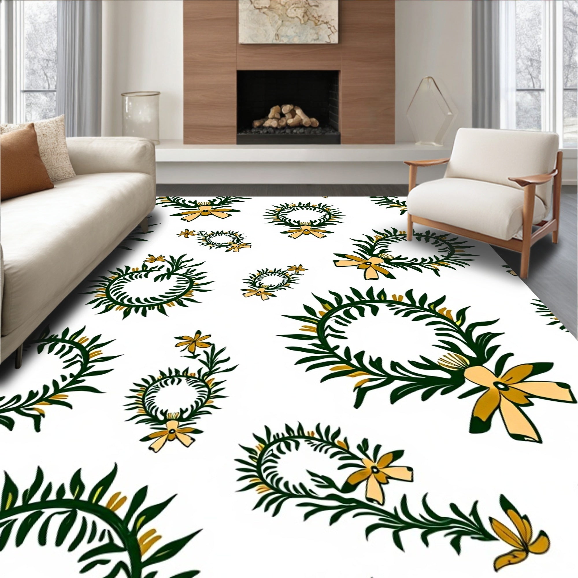 Green Leafy Wreath Flower Pattern Rug