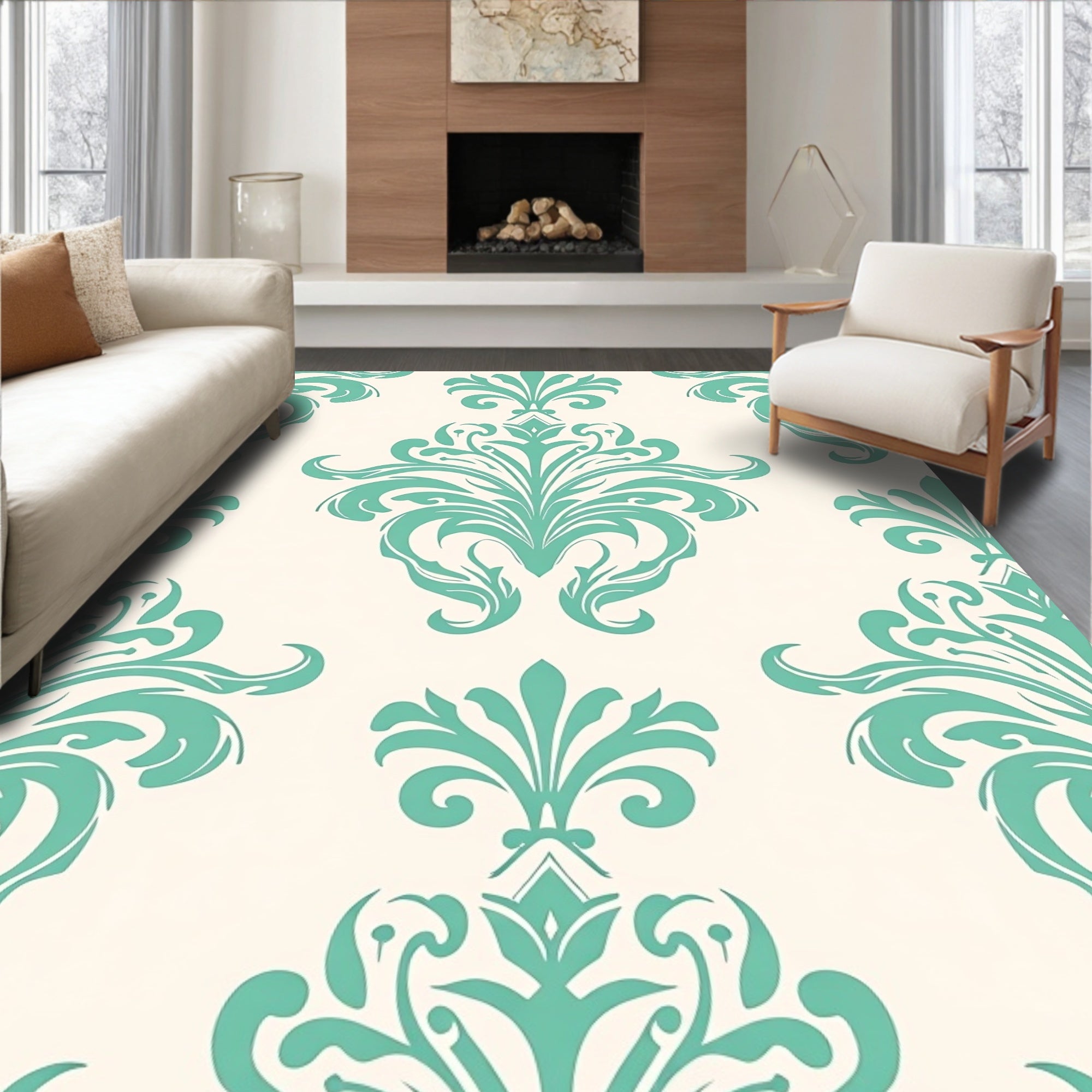 Elegant Teal Damask Pattern Rug