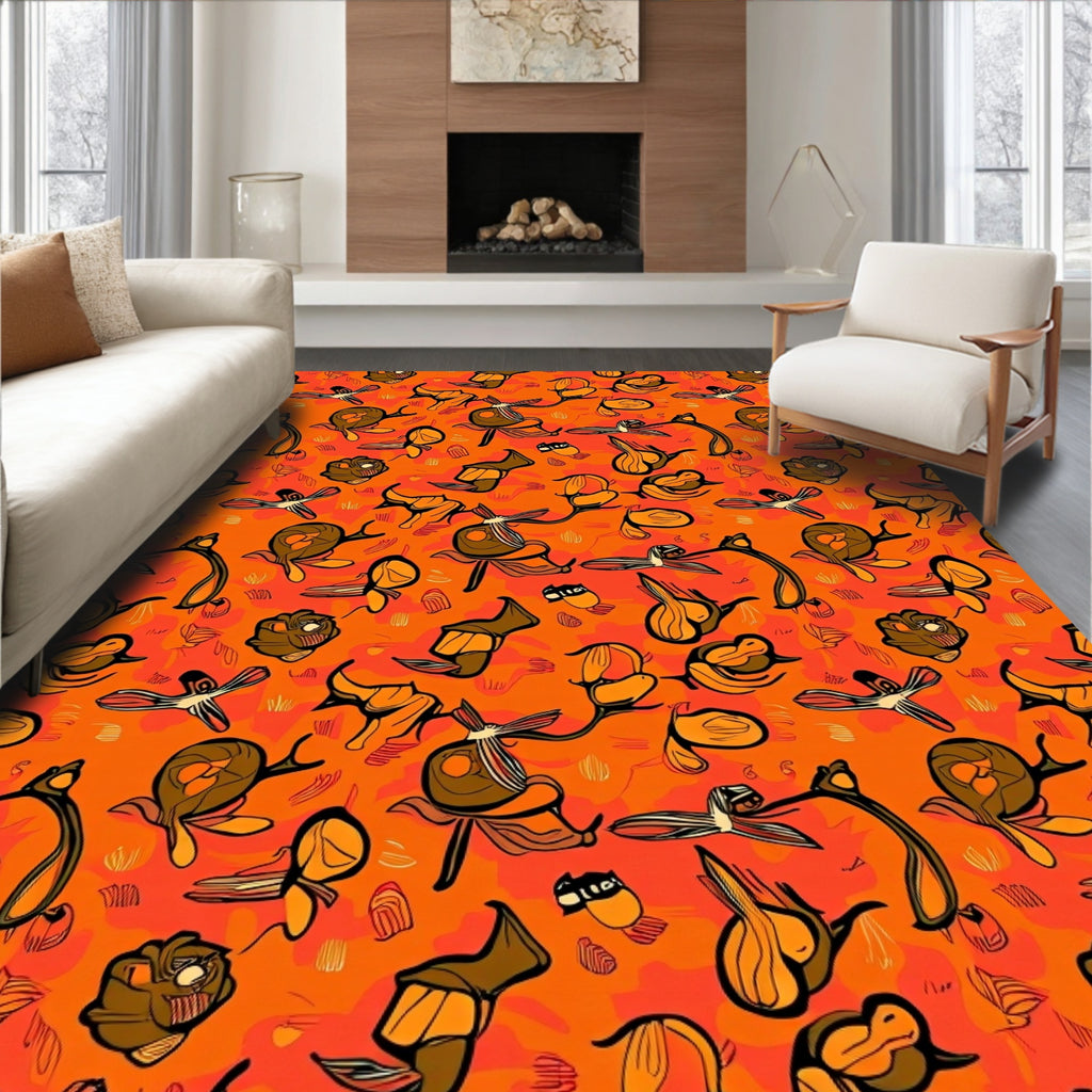 Whimsical Orange Brown Figural Pattern Rug