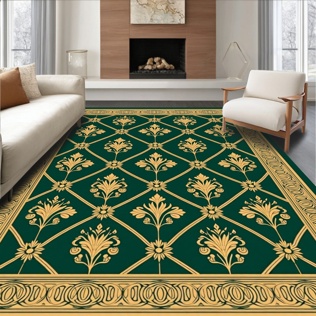 Gold Floral Damask Lattice Pattern Rug