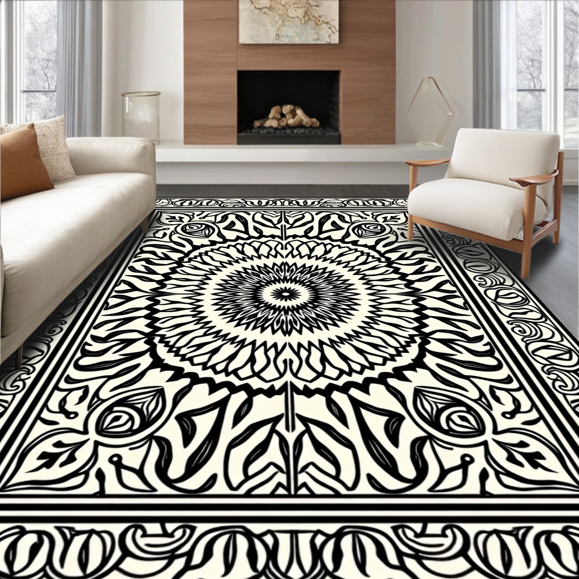 Black and White Mandala Scrollwork Rug