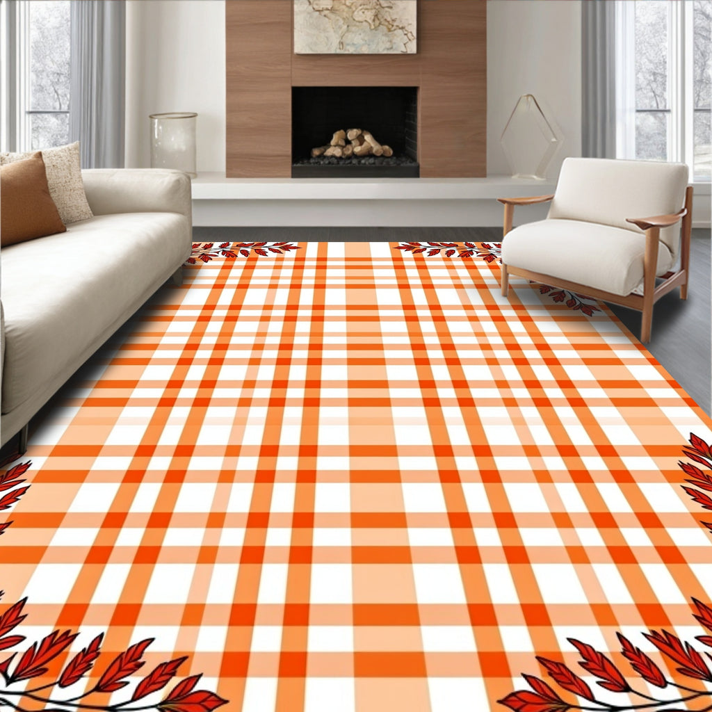 Autumn Leaf Border Plaid Design Rug