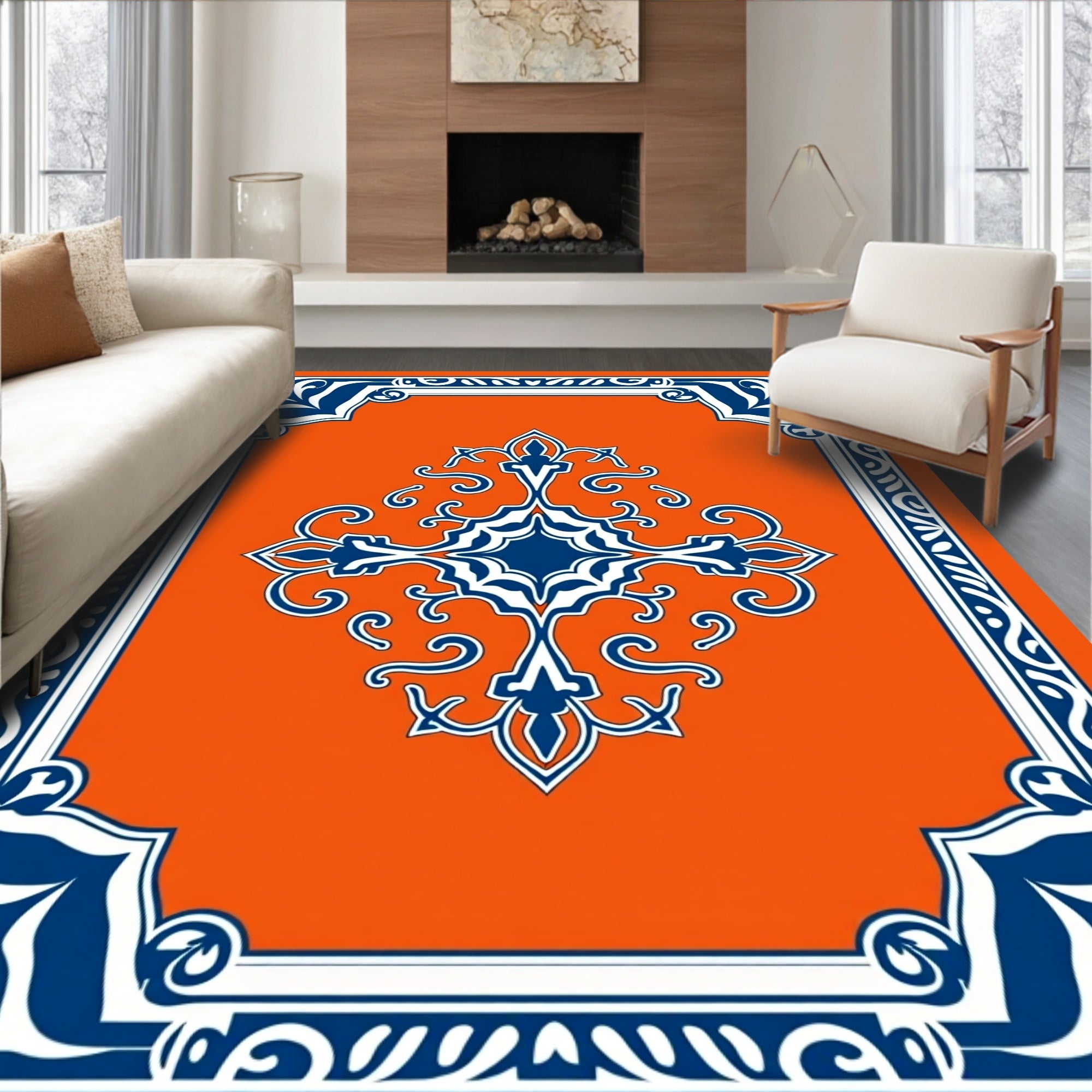Vibrant Orange Navy Floral Medallion Rug