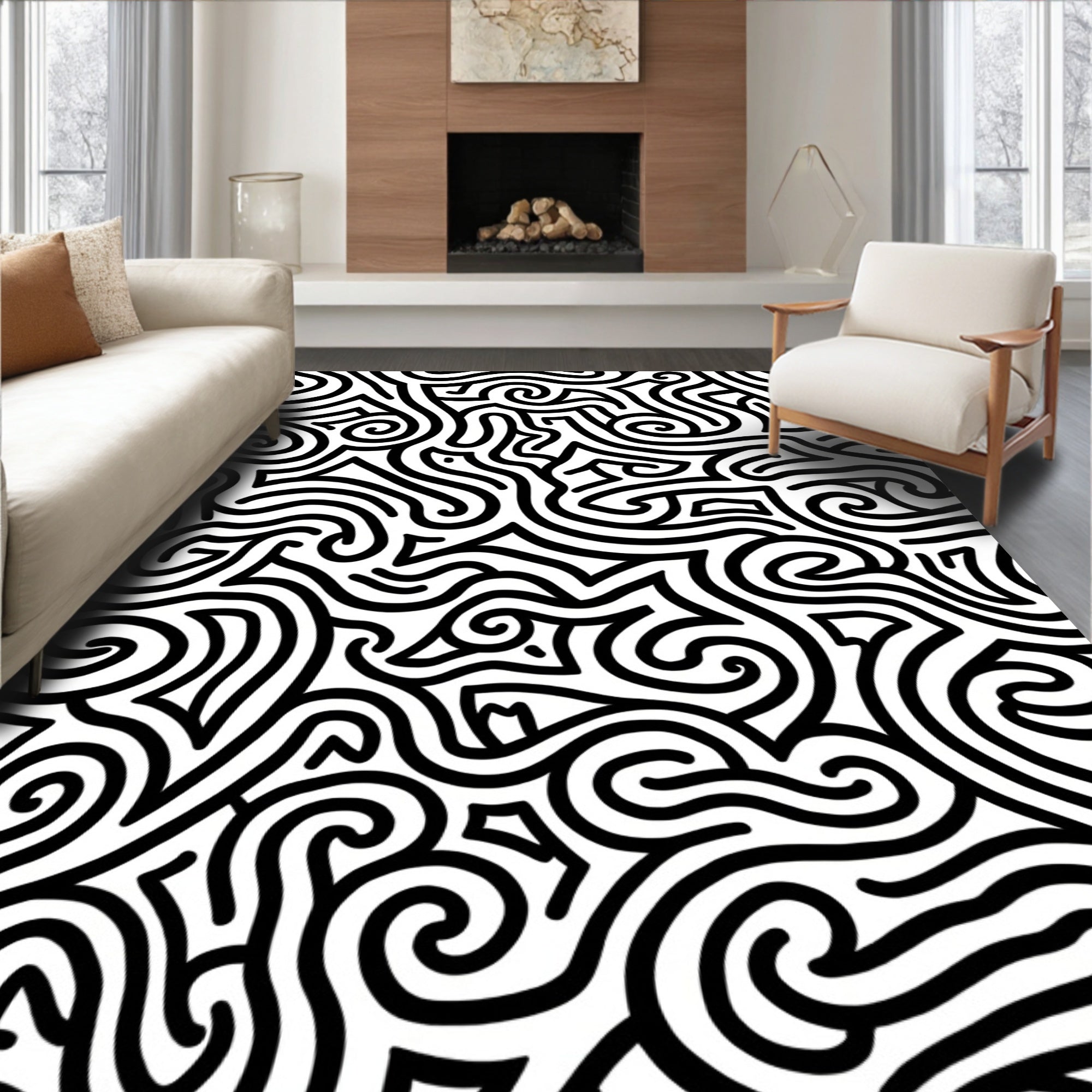 Abstract Black White Swirl Pattern Rug