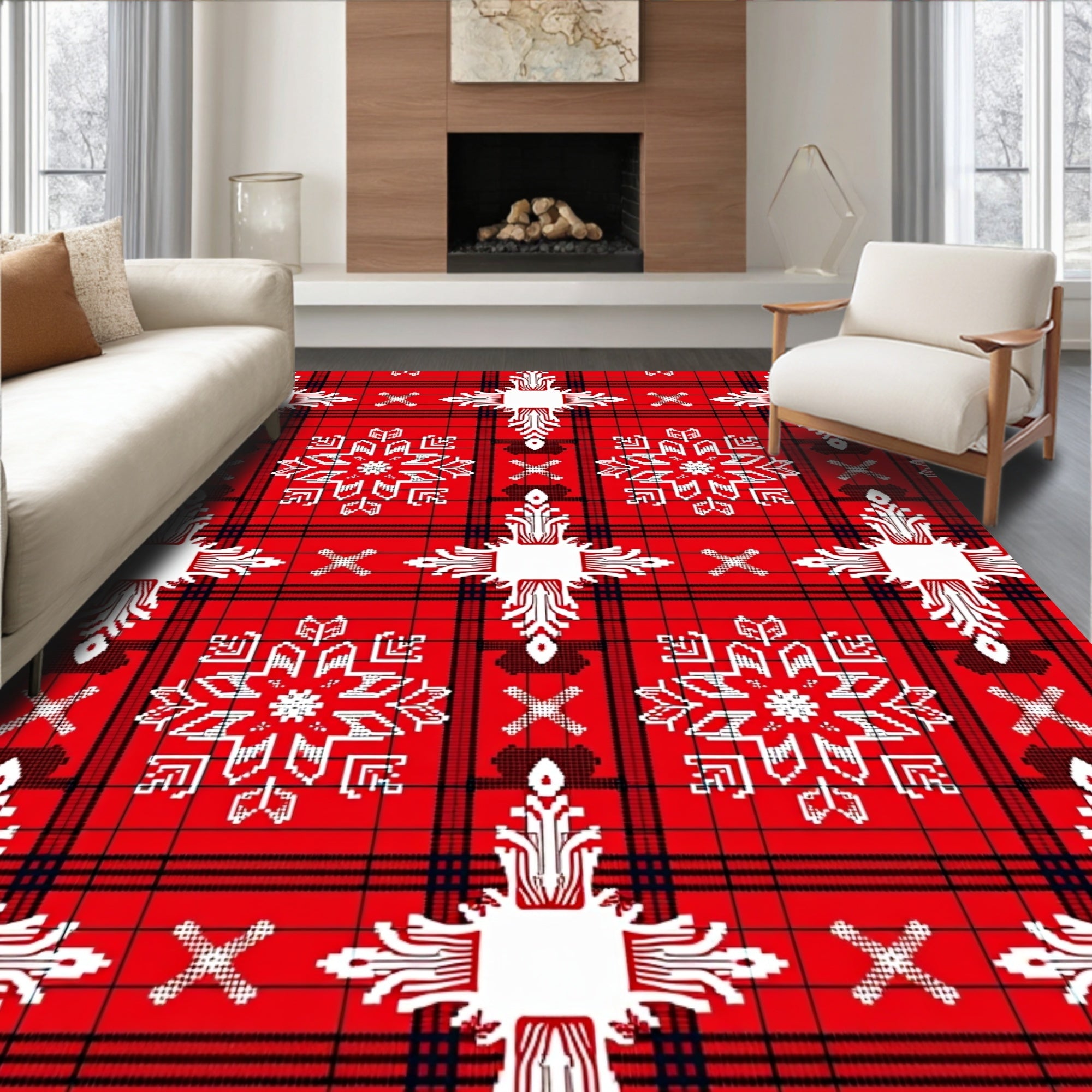Red White Snowflake Plaid Pattern Rug