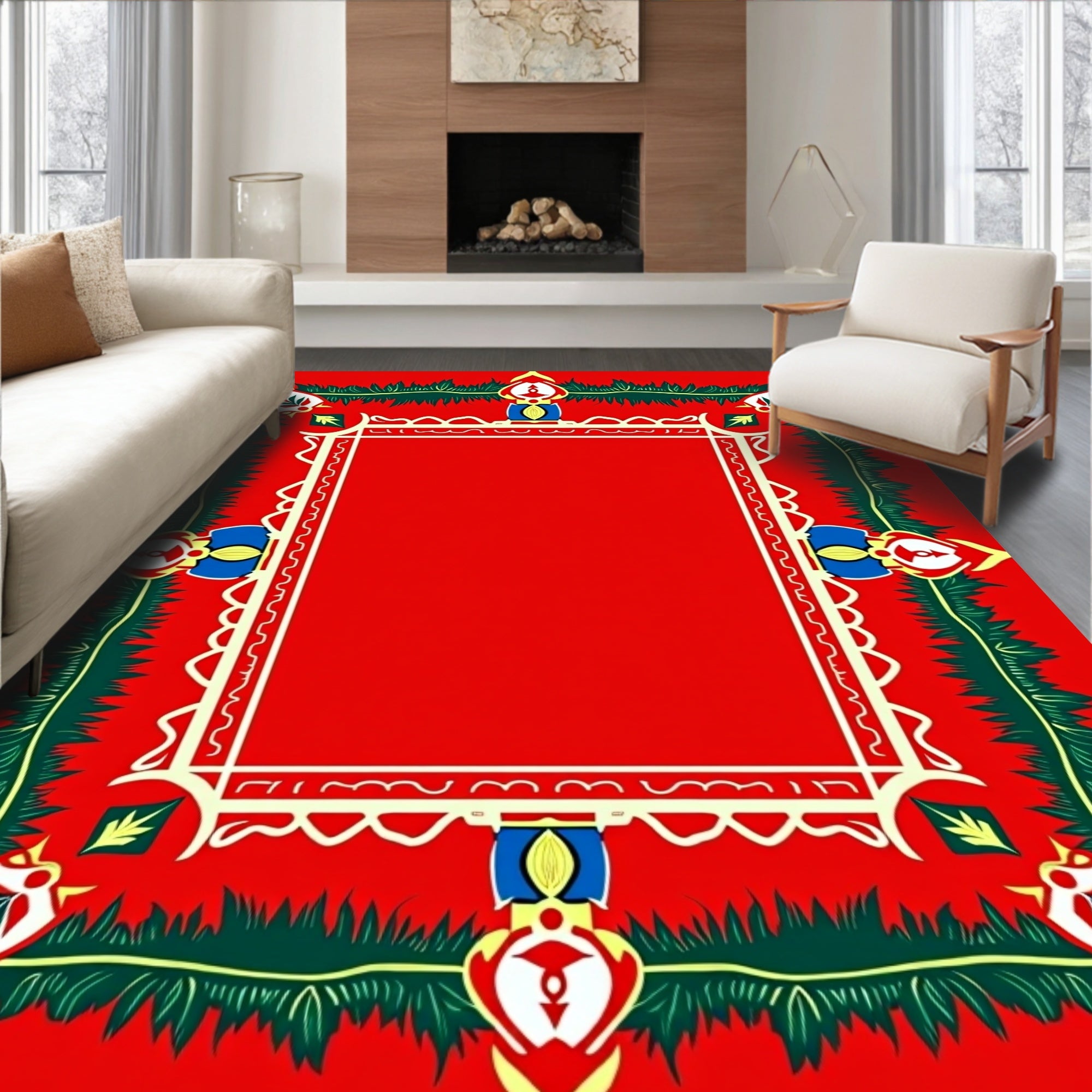 Bold Red Green Floral Frame Rug