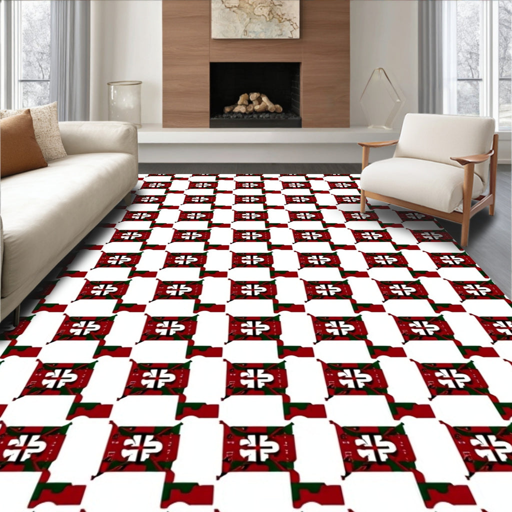 Red White Geometric Square Pattern Rug