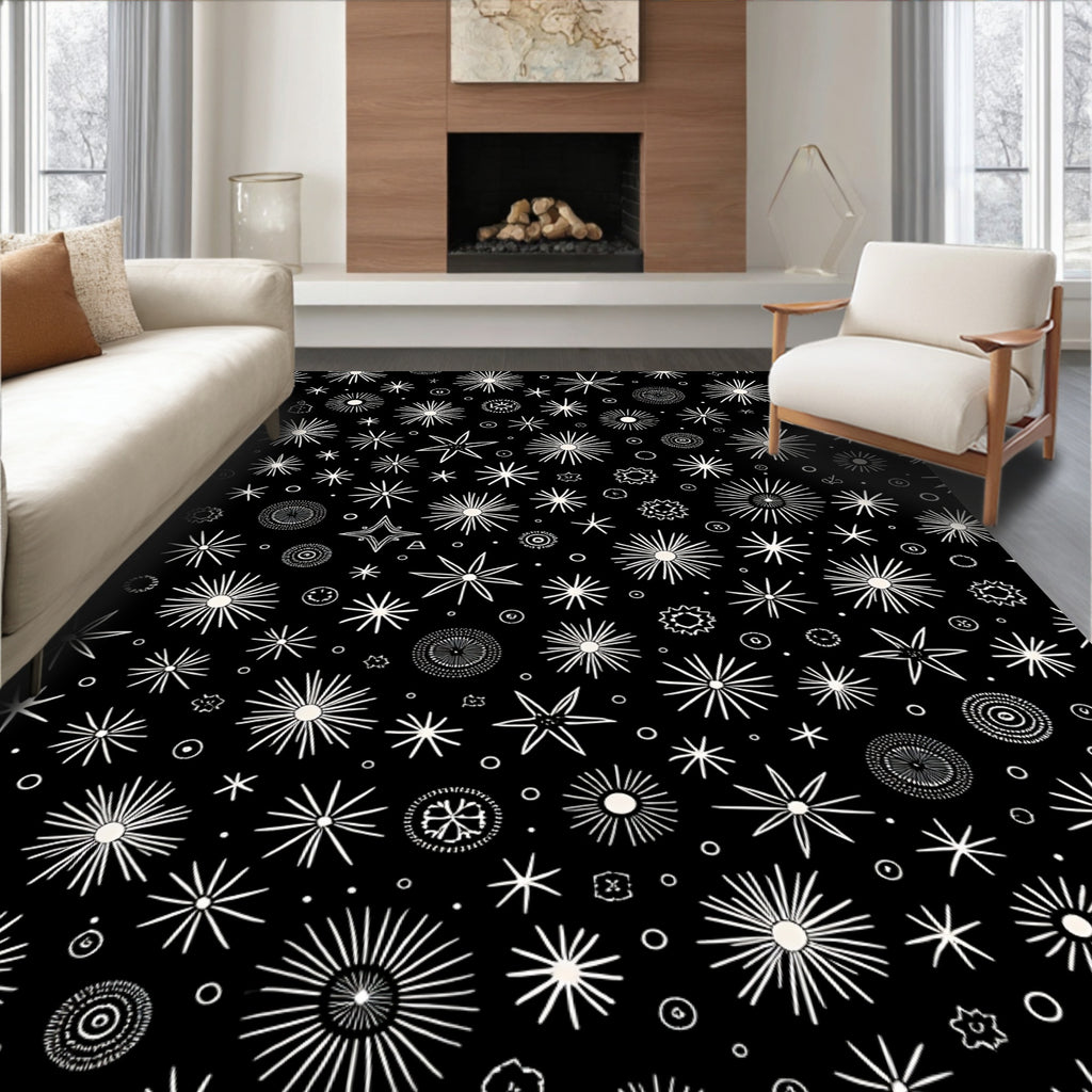 Drawn Starburst Pattern Black White Rug
