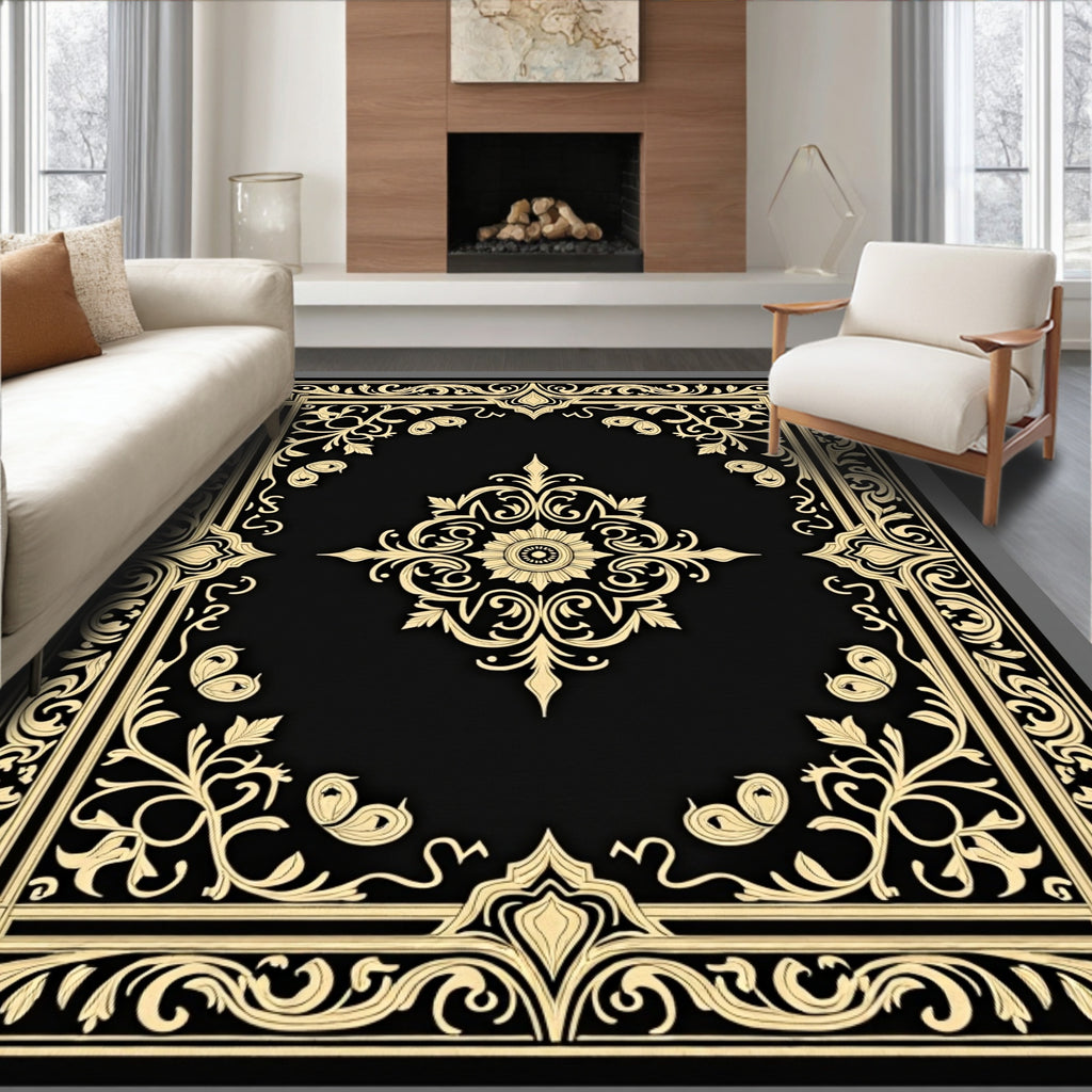 Ornate Floral Medallion Black Gold Rug