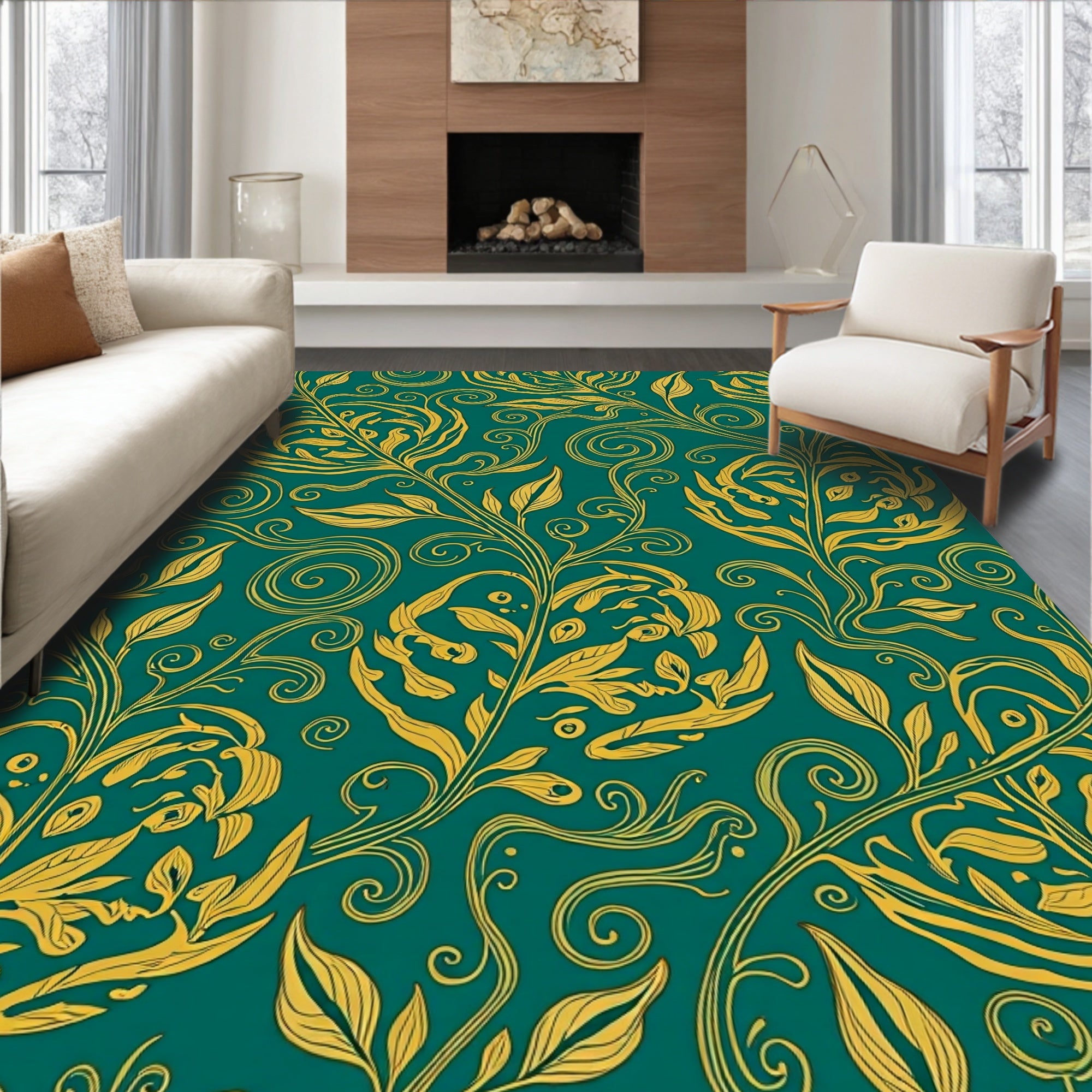 Gold Floral Scrollwork Pattern Rug