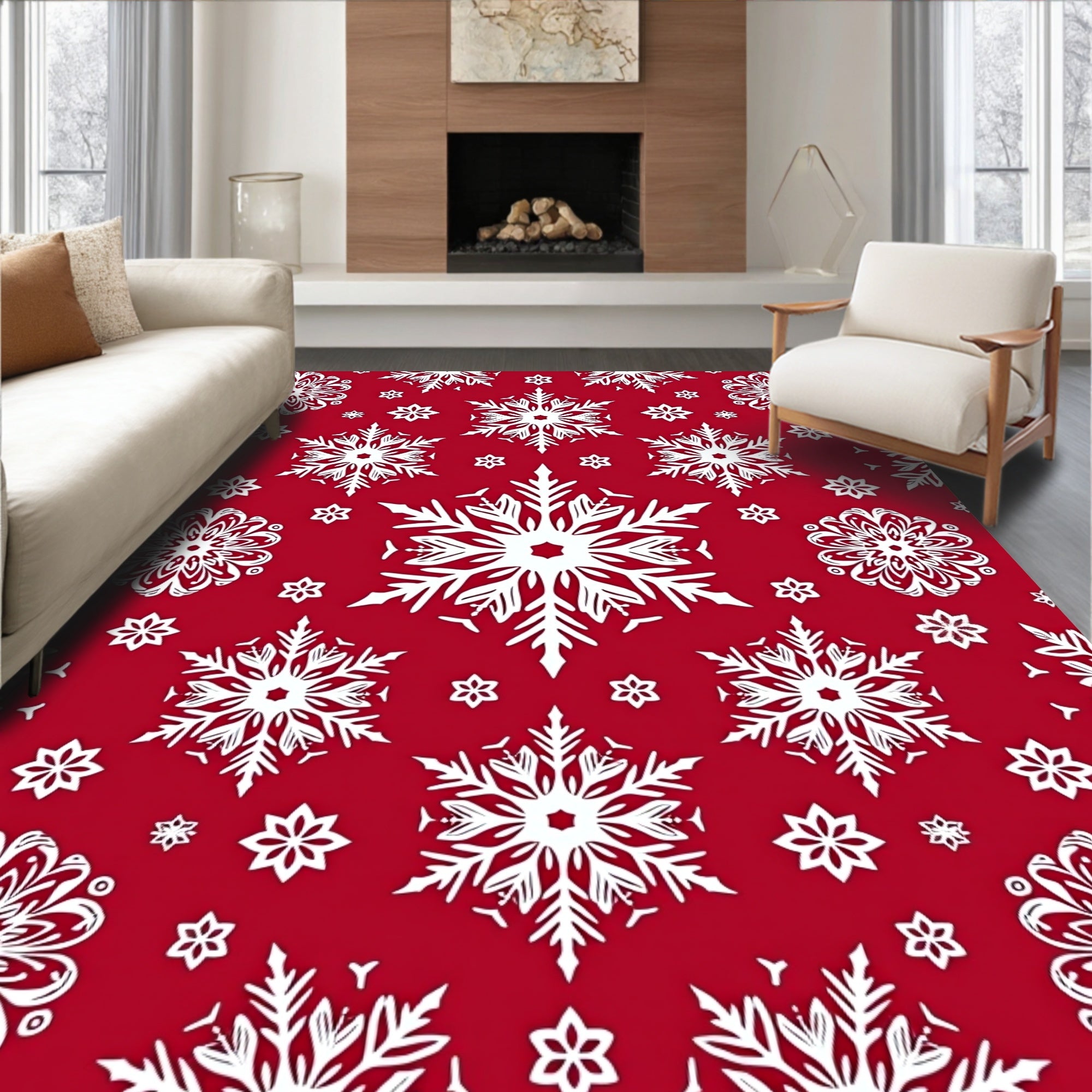 Red White Snowflake Pattern Rug
