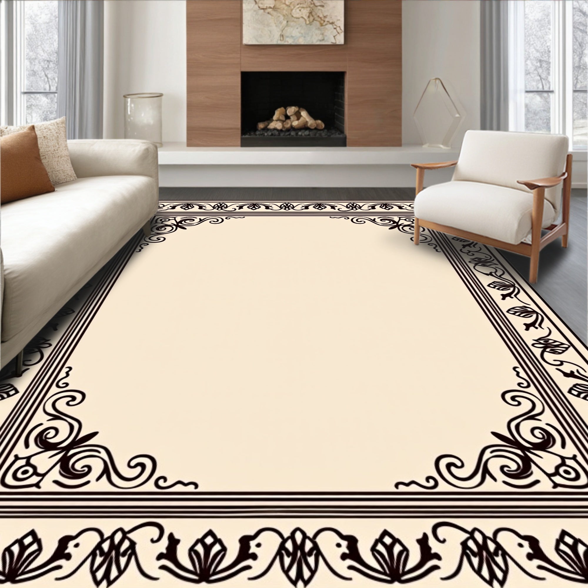 Ornate Black Floral Scrollwork Border Design Rug