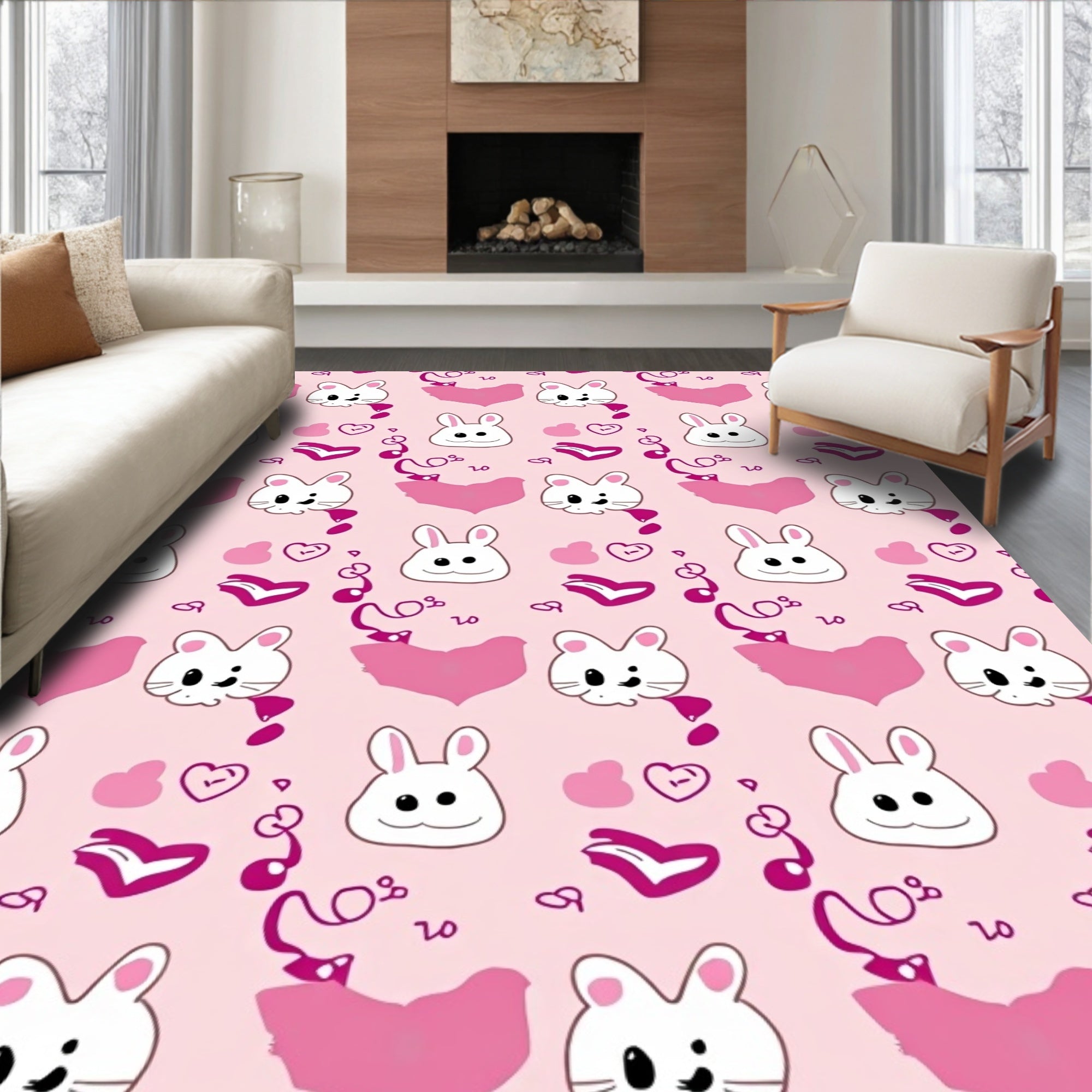 Cute Bunny Heart Pattern Design Rug