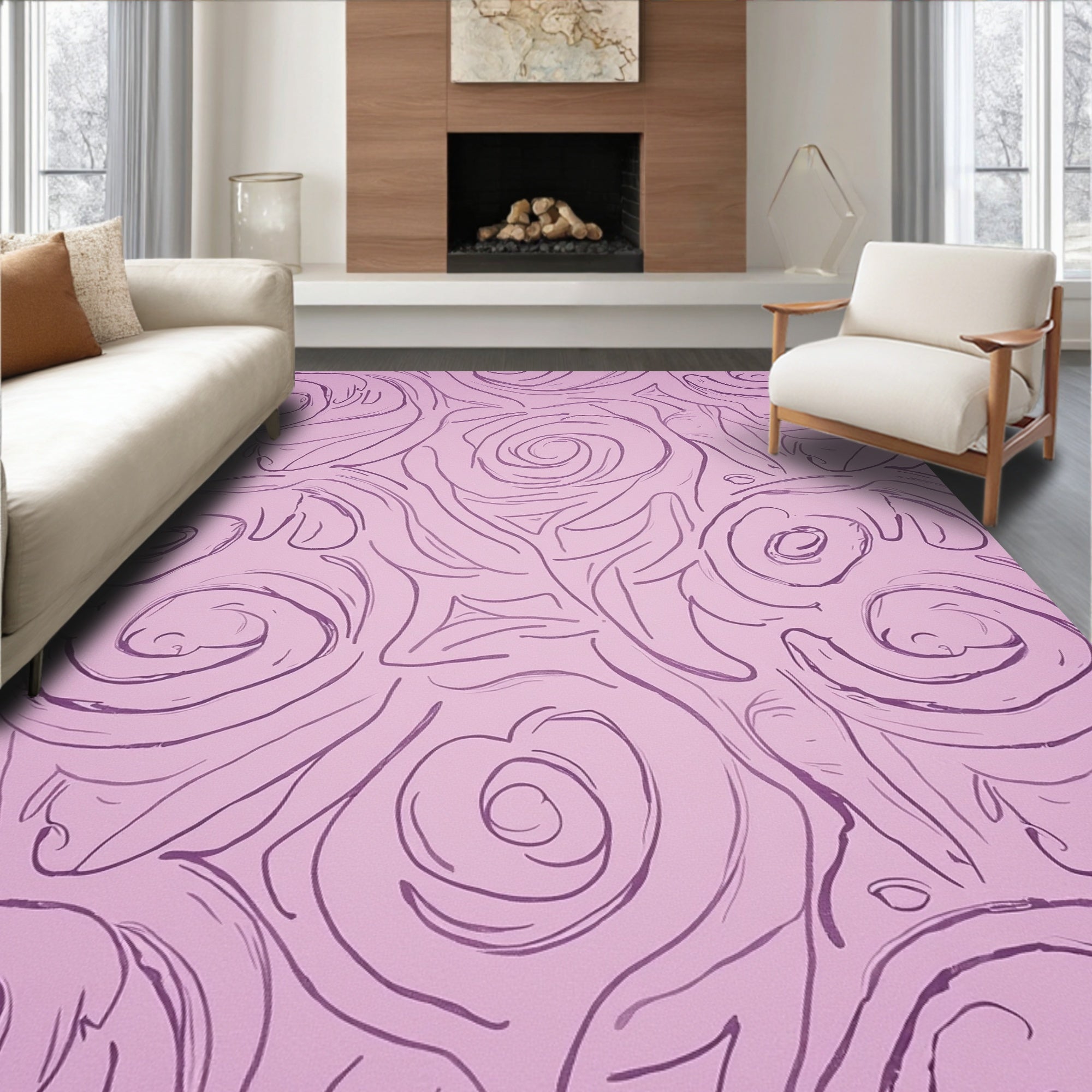 Light Pink Rose Sketch Pattern Rug