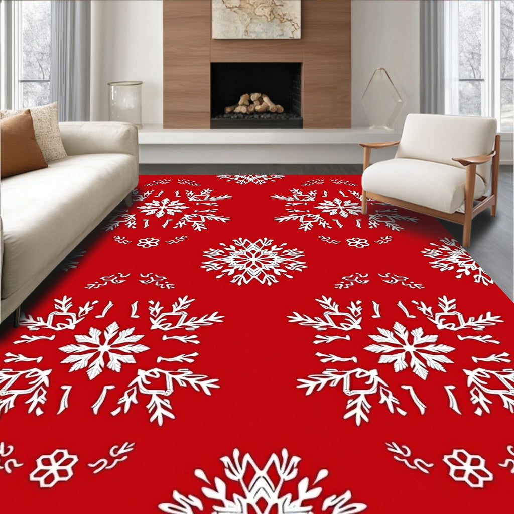 Red White Winter Snowflake Mandala Rug