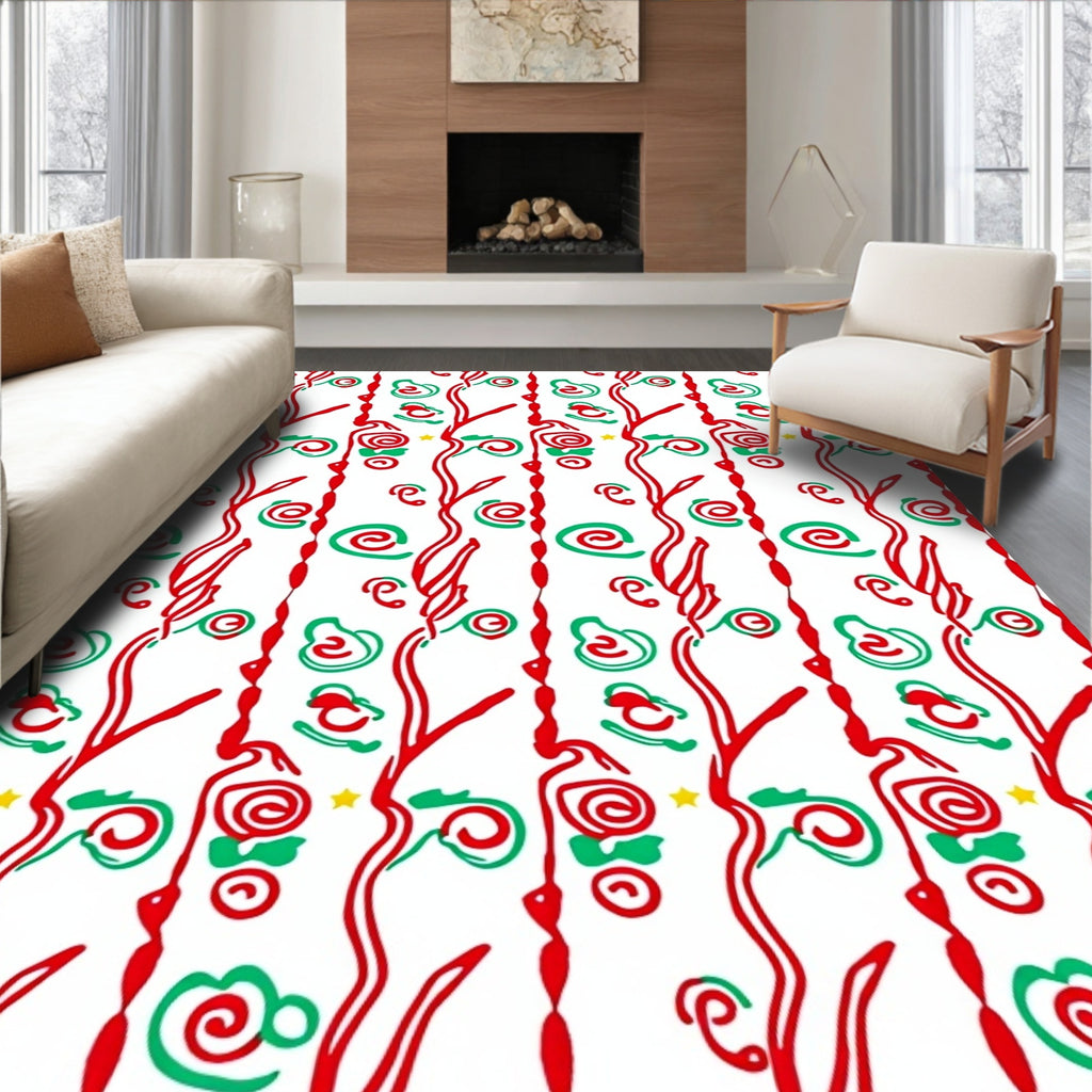 Red Green Whimsical Swirl Star Rug