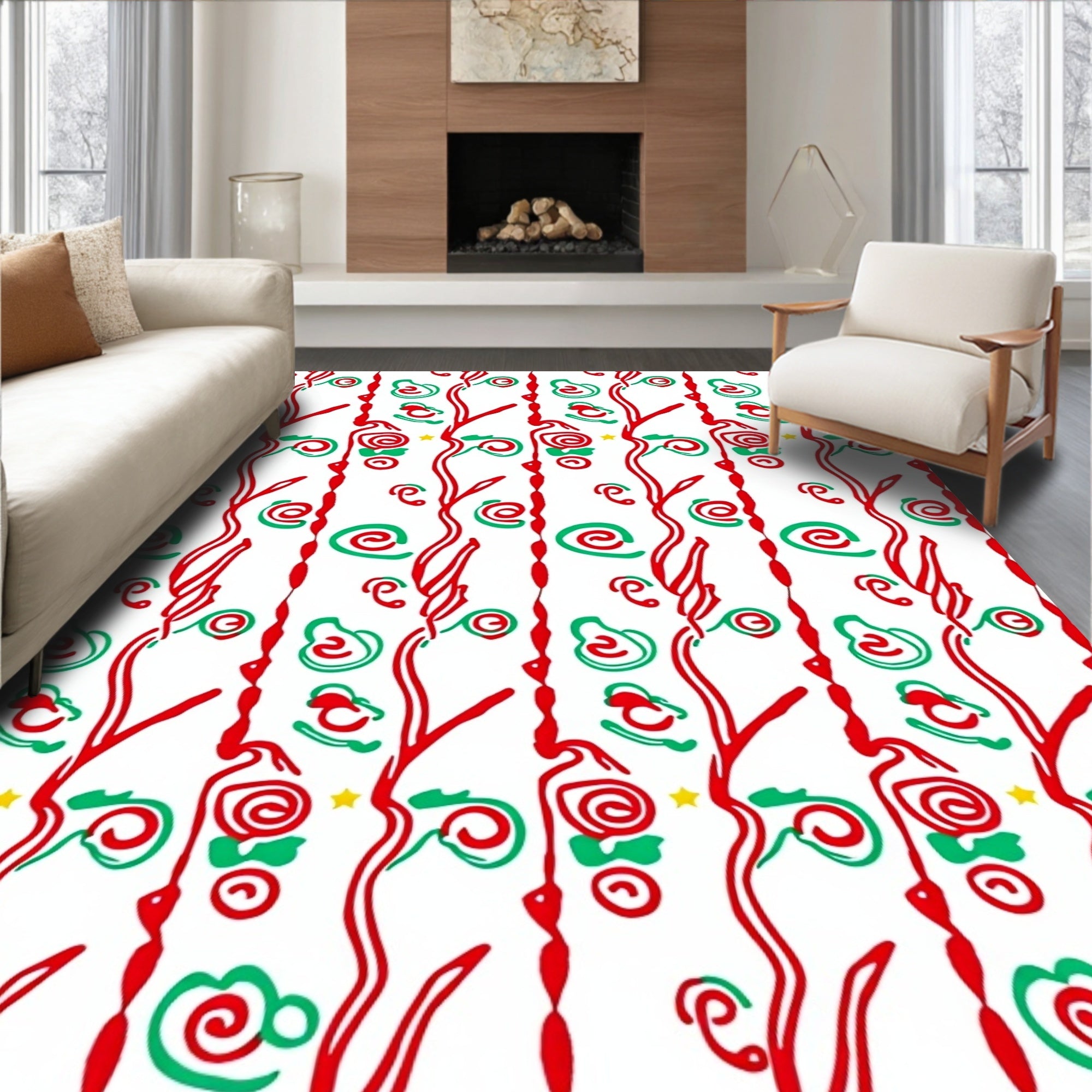 Red Green Whimsical Swirl Star Rug