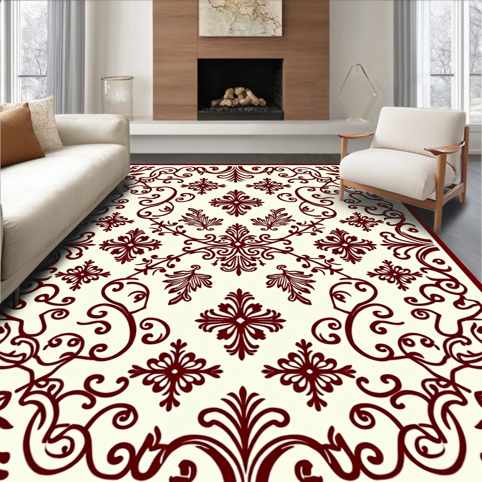 Ornate Red Floral Scroll Pattern Rug